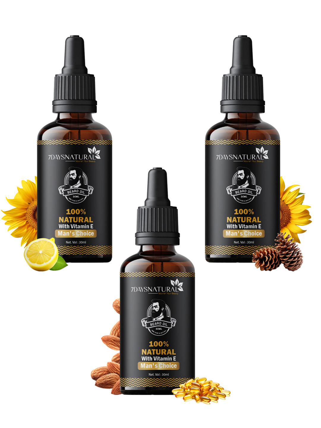 7DAYSNATURAL Set of 3 Pure Organic 100% Beard Oil with Tea Tree & Jojoba Oil - 30ml Each