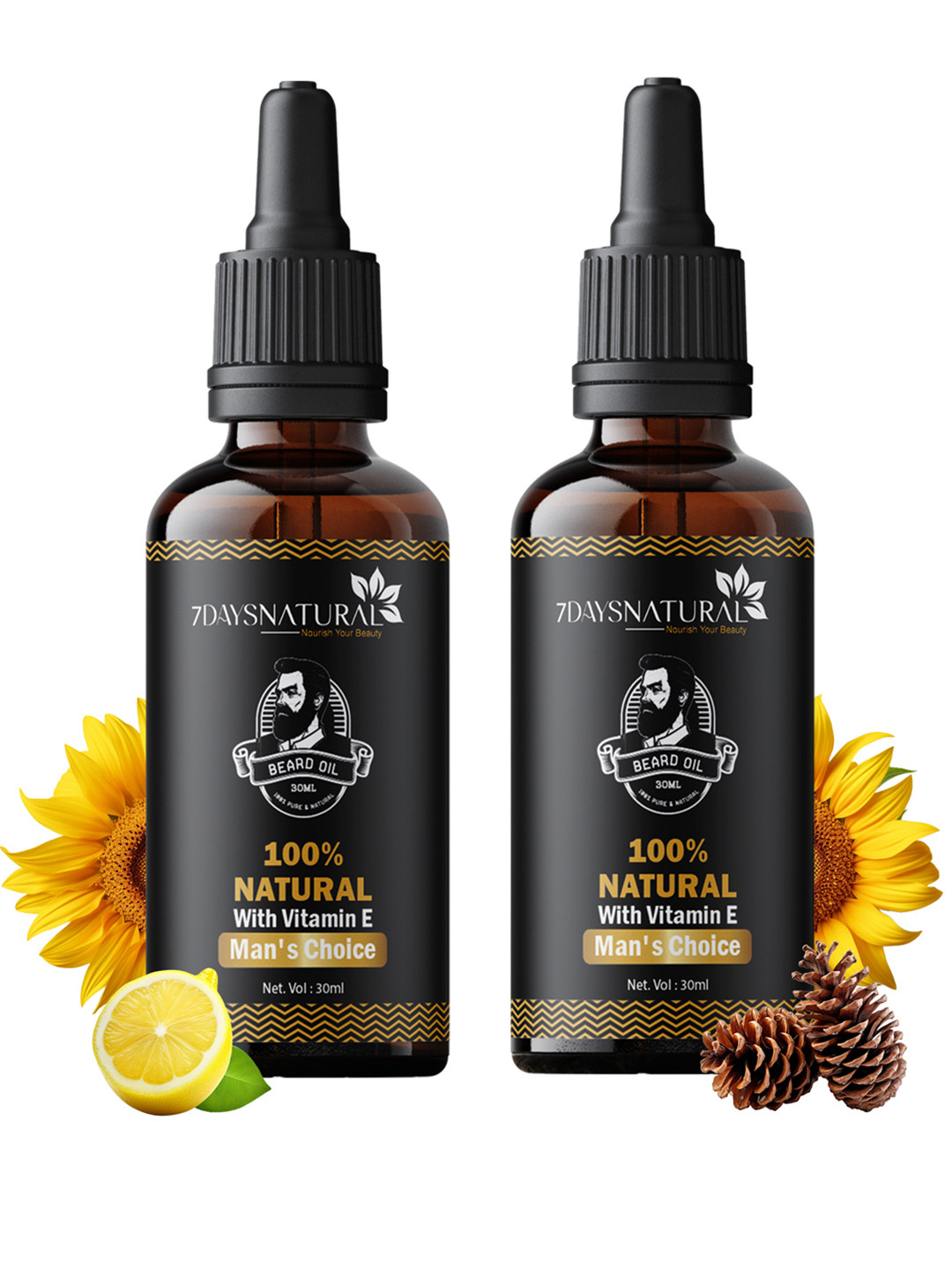 7DAYSNATURAL Set of 2 Pure Organic 100% Natural Beard Oil with Tea Tree & Jojoba Oil - 30ml each