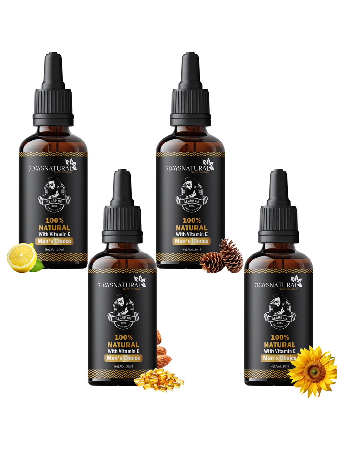 7DAYSNATURAL Set of 4 Pure Organic 100% Natural Beard Oil with Tea Tree & Jojoba Oil 30 ml each