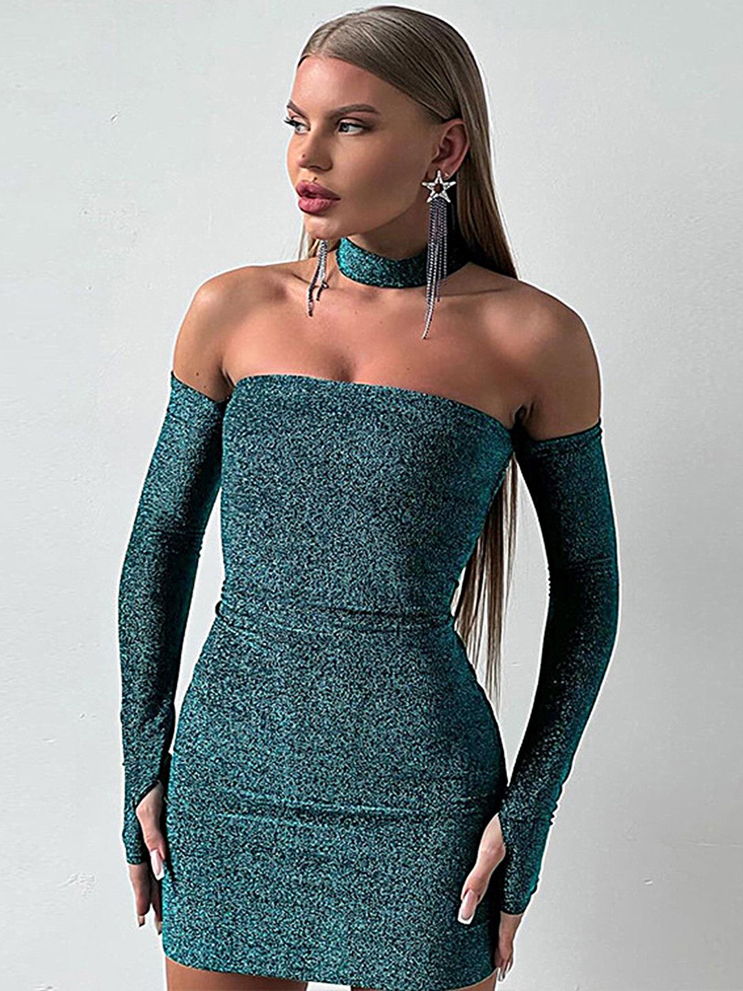 LULU & SKY Green Off-Shoulder Bodycon Mini Dress with Choker