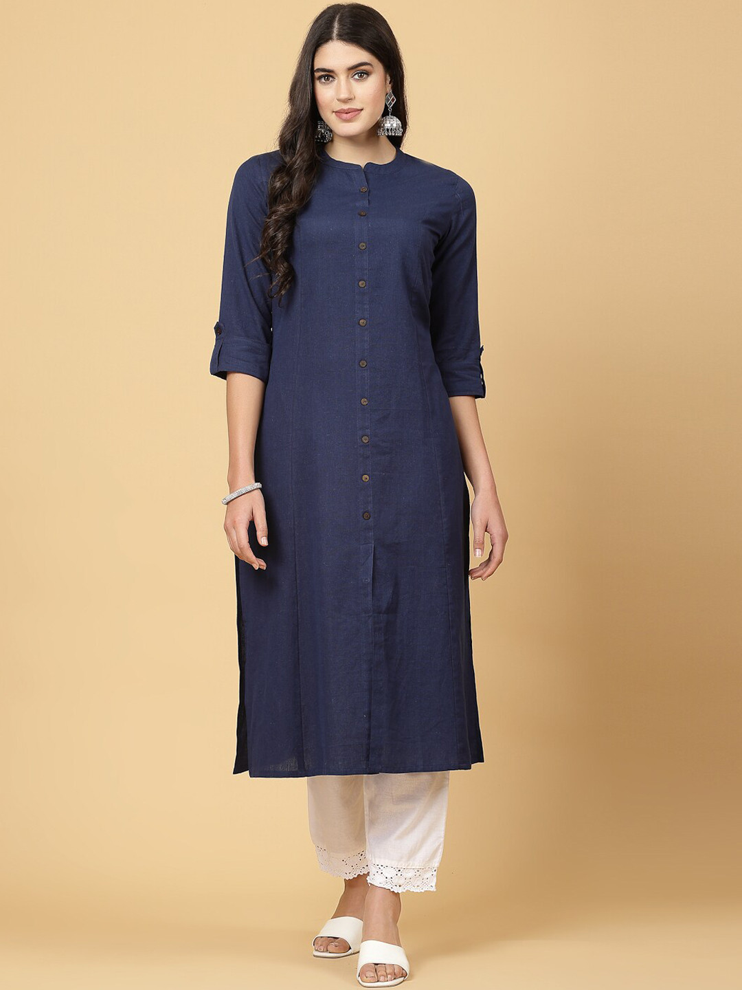 Pistaa Roll-Up Sleeves Straight Cotton Kurta