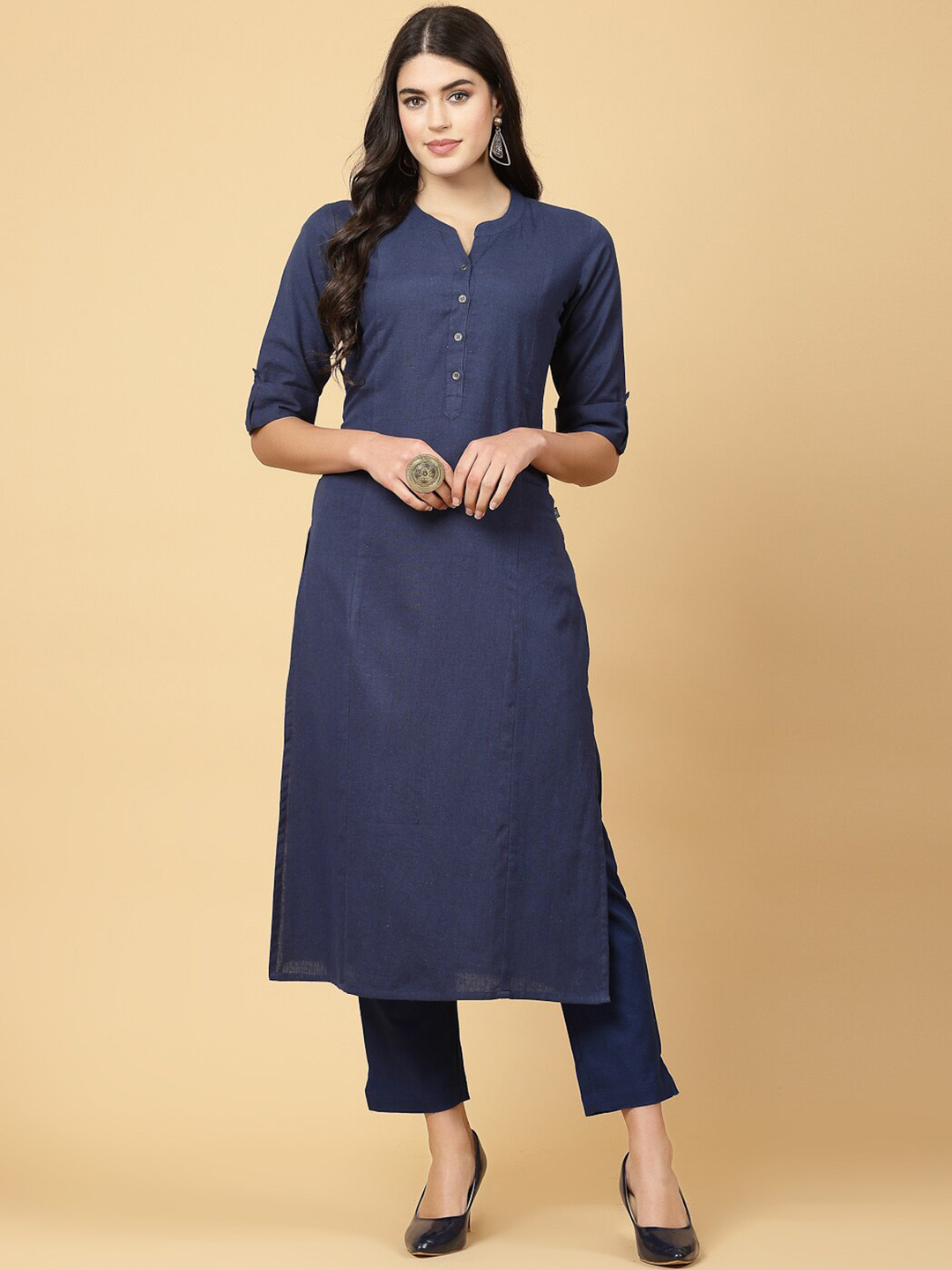 Pistaa Band Collar Roll Up Sleeves Kurta