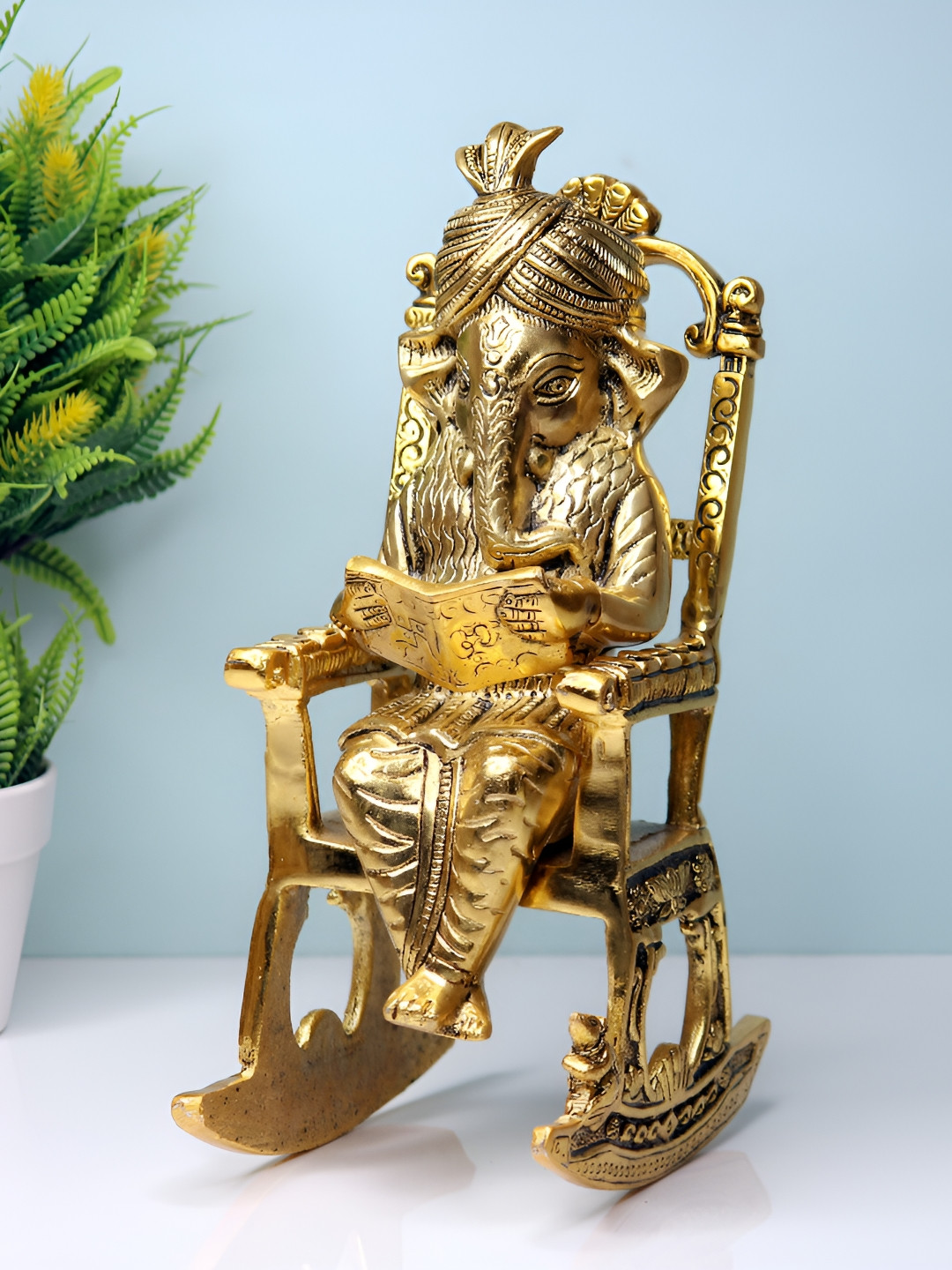 Navyaksh Ganesh Ji Chair Gold Metal Metallic Prayer Room Small Showpiece - 10.6 Inches