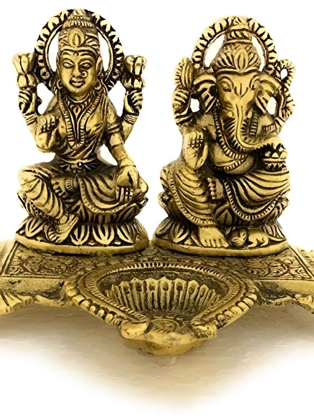 Navyaksh Ganesh Laxmi with Diya Gold Brass Metallic Prayer Room Small Showpiece - 3.9 Inches