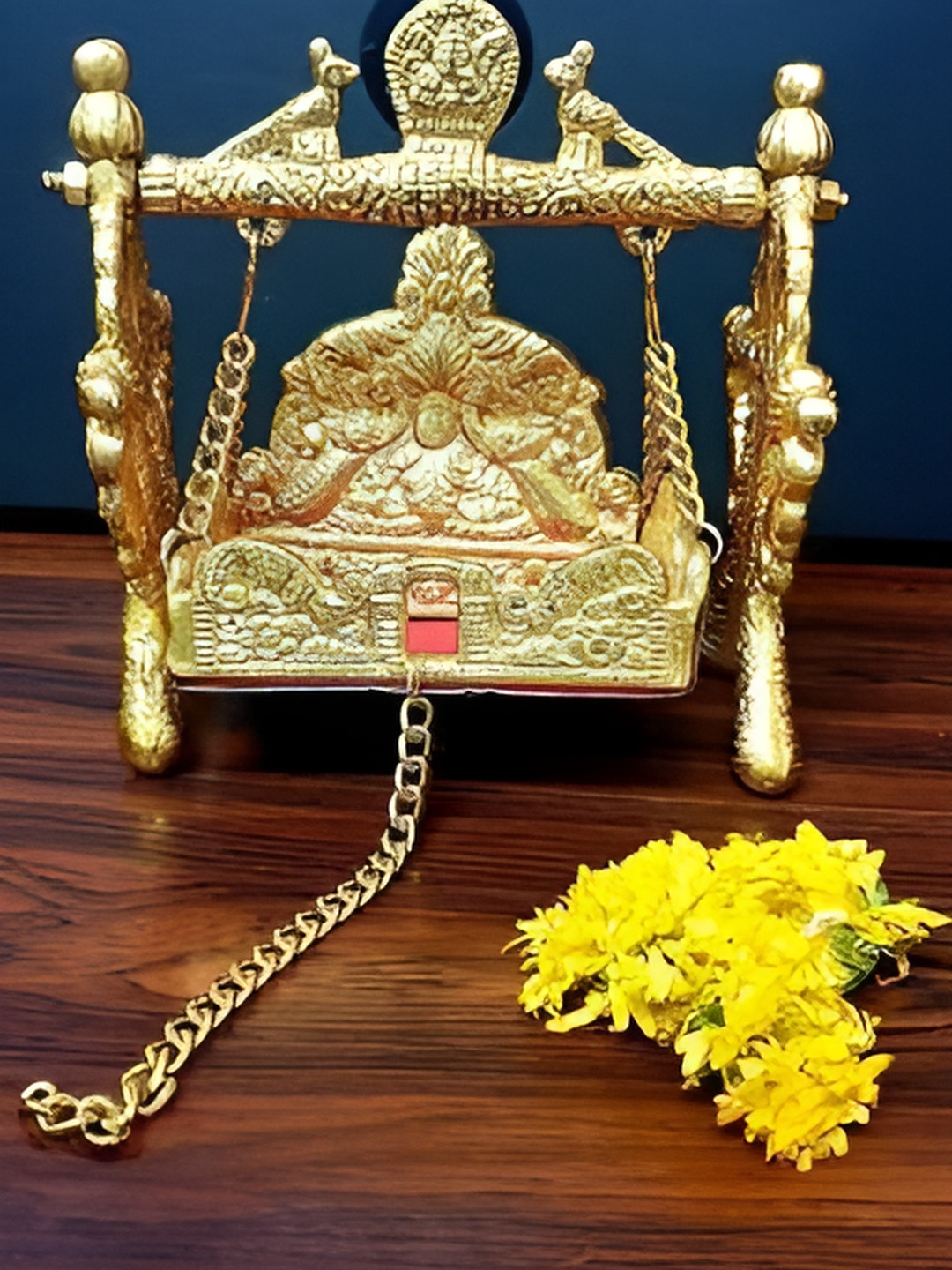 Navyaksh Non Tota Jhula Gold Brass Metallic Prayer Room Small Showpiece - 5.1 Inches