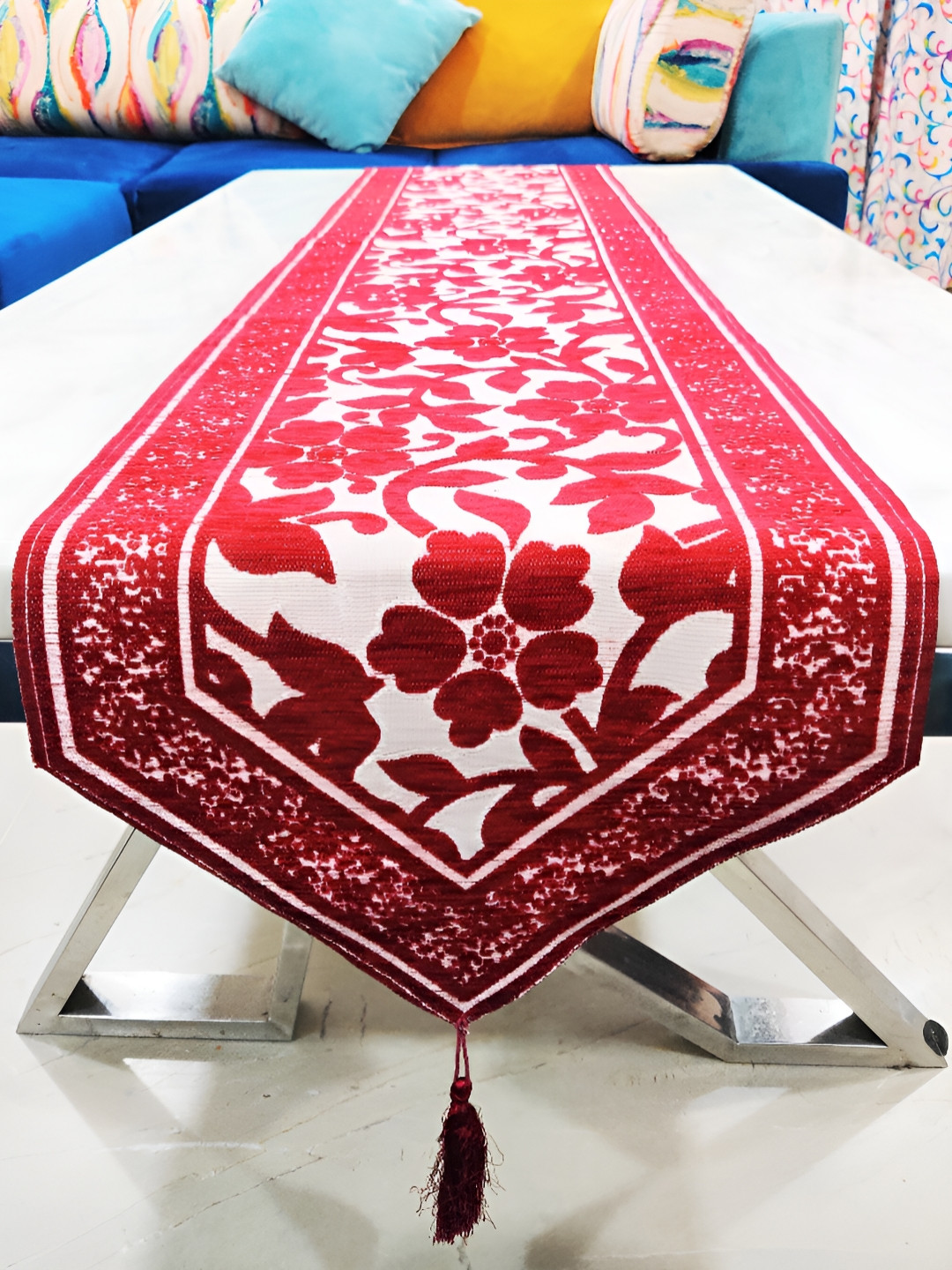 GROKI Red Floral Printed Pure Cotton Dining & Centre Table Runner with tassel
