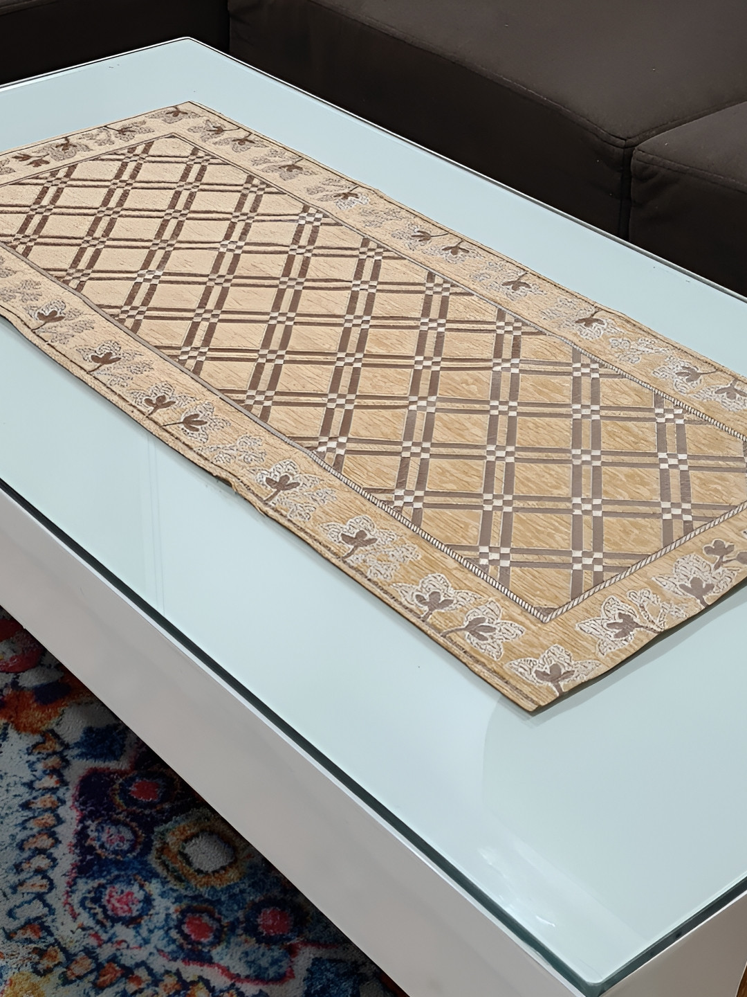 GROKI Beige Geometric Printed Table Runner