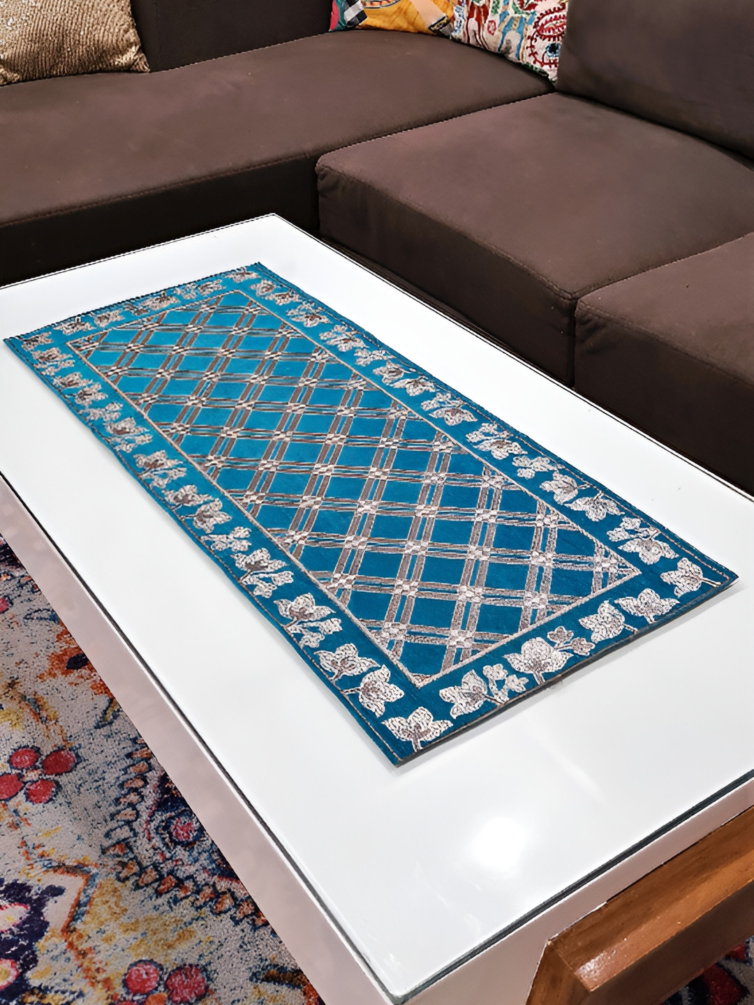 GROKI Blue & White Floral Printed Pure Cotton Dining & Centre Table Runner