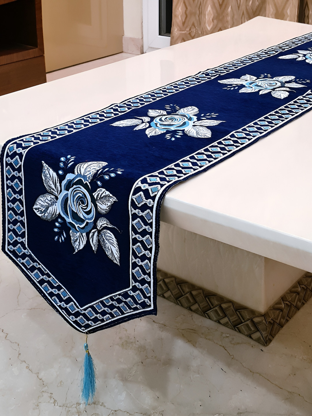 GROKI Blue Floral Printed Pure Cotton Dining & Centre Table Runner with tassel