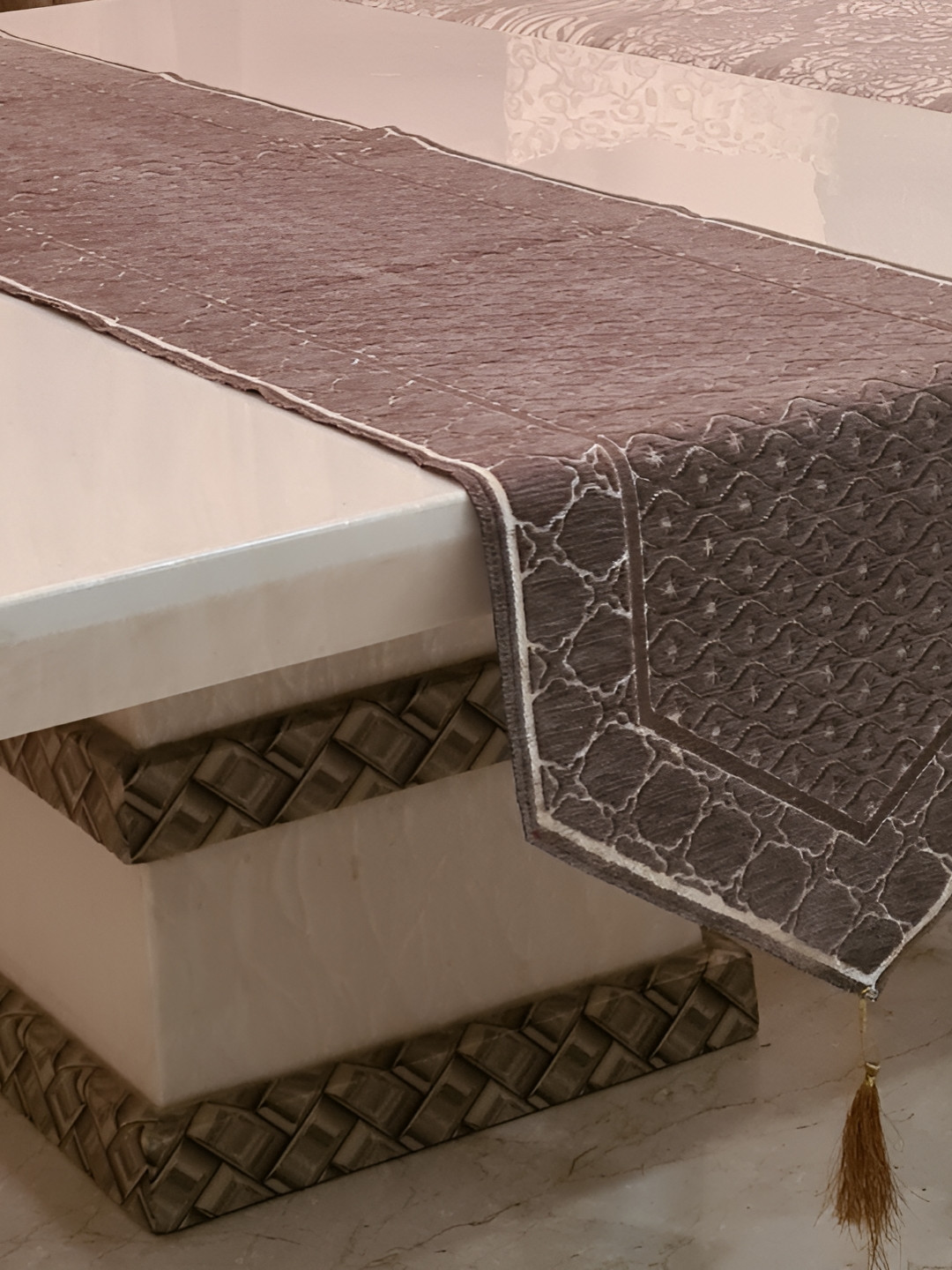GROKI Brown Geometric Embroidery Pure Cotton Dining Table Runner with tassel