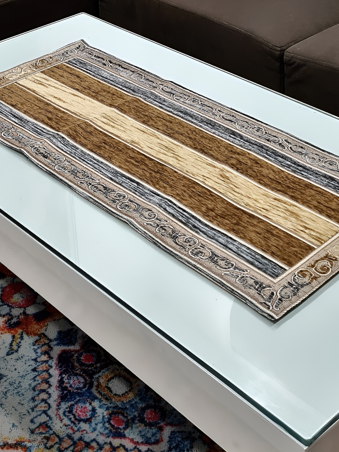 GROKI Brown Striped Pure Cotton Dining & Centre Table Runner