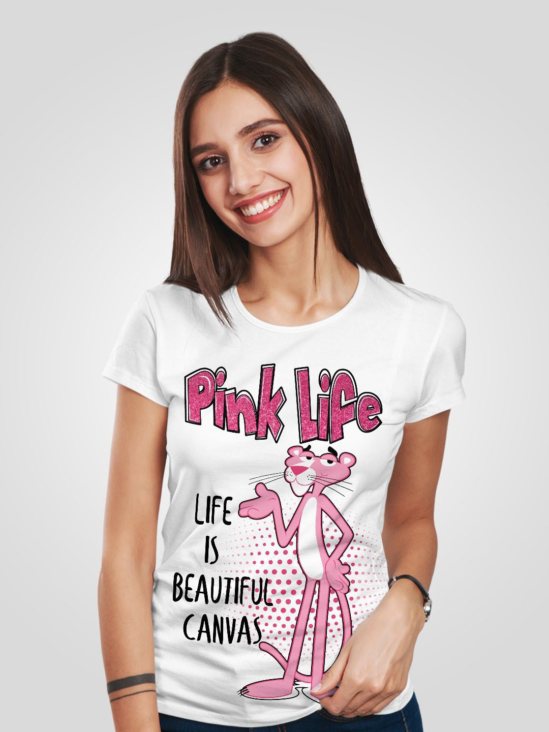 Minute Mirth The Pink Panther Printed Round Neck Short Sleeves Cotton T-shirt