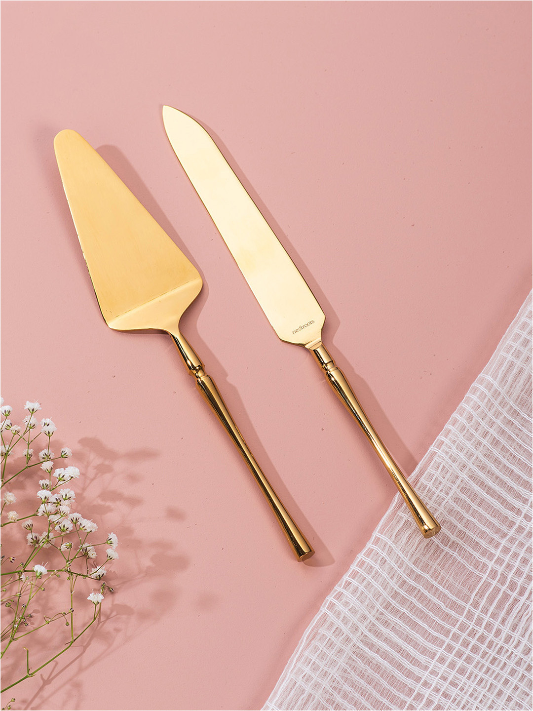 nestroots Set of 2 Golden-Toned Steel Sculpted Elegance Cake Servers