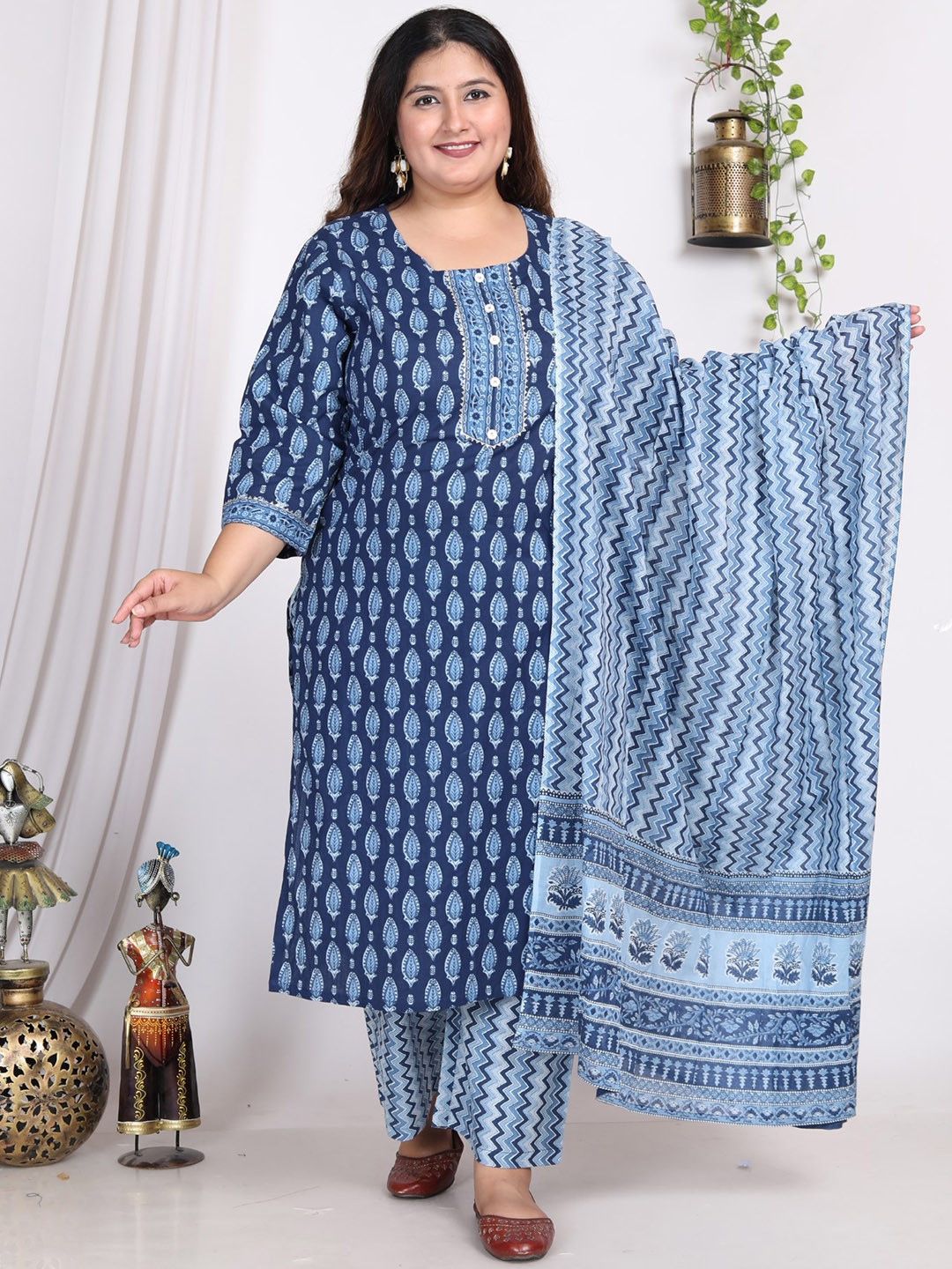 KALINI Plus Size Ethnic Motifs Printed Regular Pure Cotton Kurta with Trousers & Dupatta