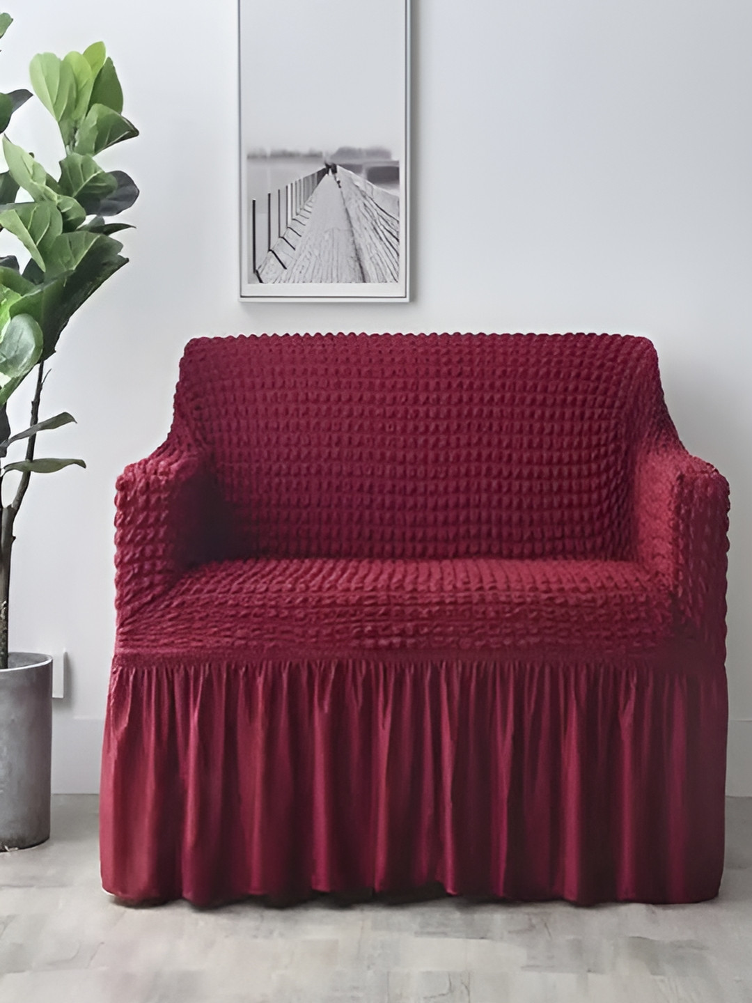 TONY STARK Red Textured 1 Seater Elasticated Sofa Cover With Arms