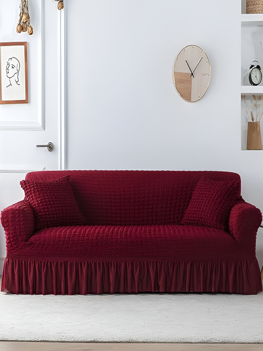 TONY STARK Red Textured 3 Seater Sofa Cover With Arms