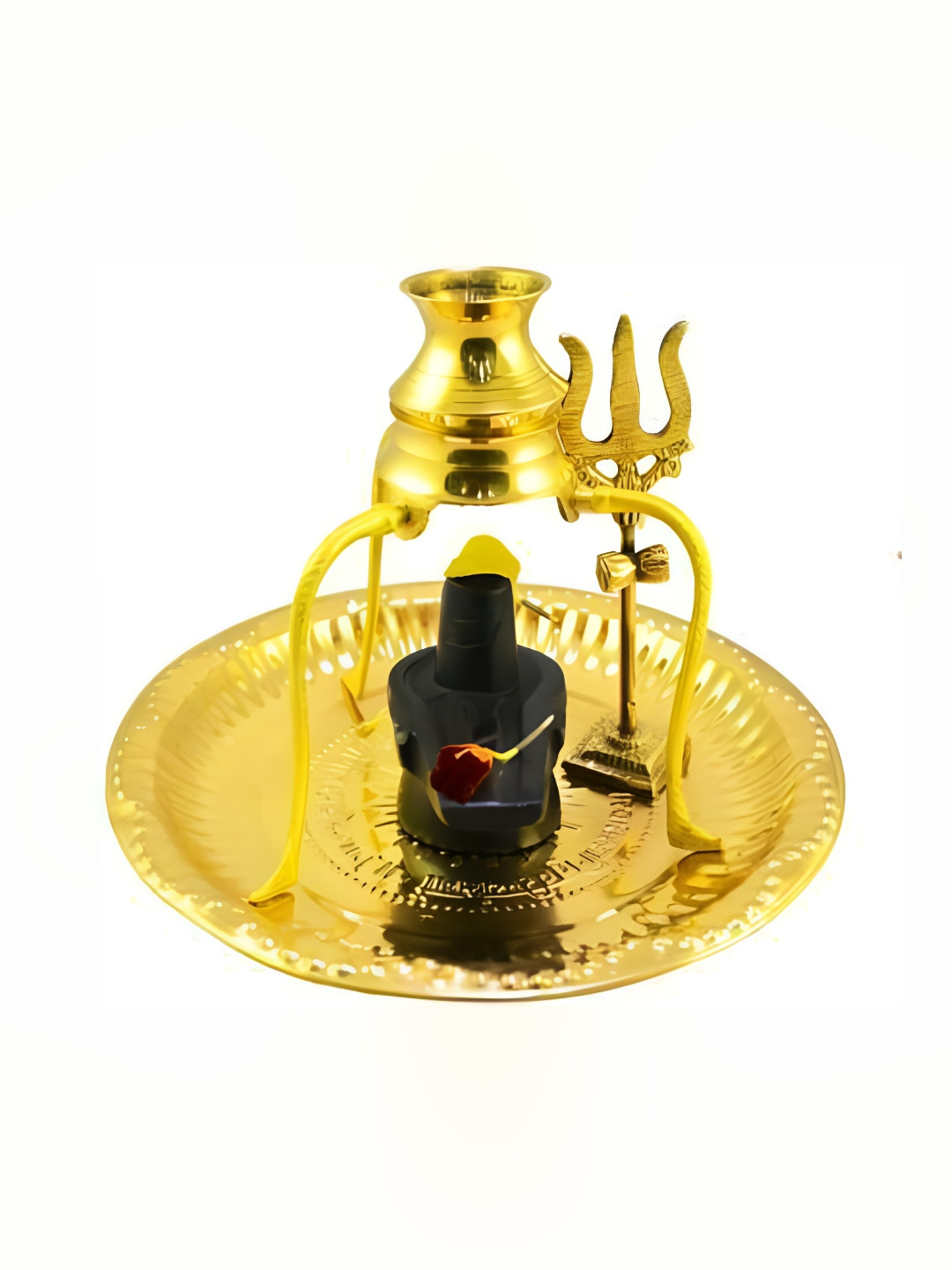 Navyaksh Plate Tipahee Loti Shivling Trishul Gold Brass Metallic Prayer Room Set of 5 Tiny Showpieces - 1.4 Inches
