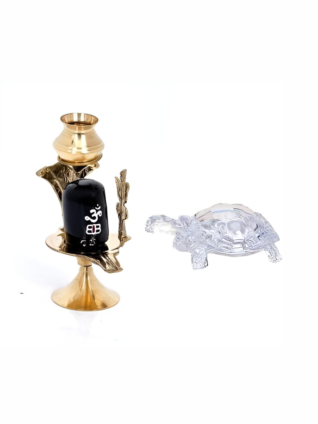 Navyaksh Shivling with Turtle Black Brass Metallic Prayer Room Set of 4 Small Showpieces - 3.1 Inches