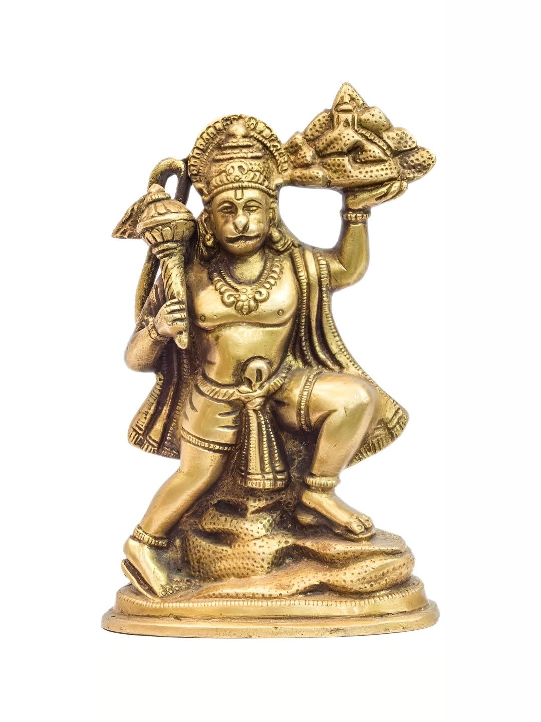 Navyaksh Parwat Hanuman Ji Gold Brass Metallic Prayer Room Small Showpiece - 1.6 Inches