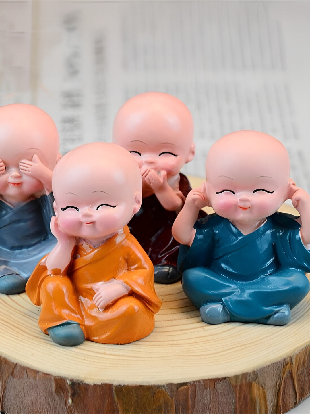 Navyaksh Budha Monks Blue Polyresin Glossy Home Office Set of 4 Small Showpieces - 2.4 Inches