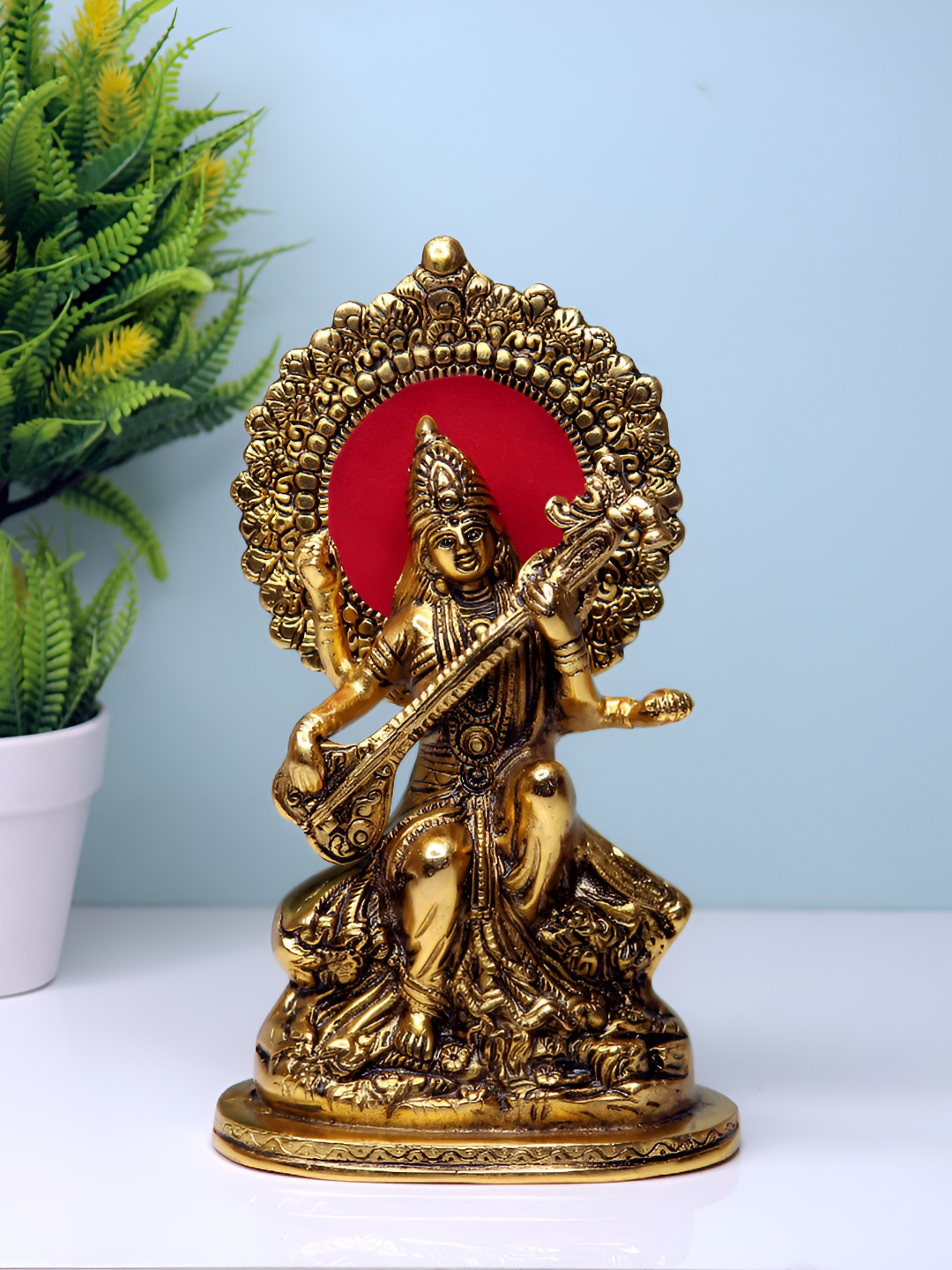 Navyaksh Saraswati Gold Metal Metallic Prayer Room Small Showpiece - 8.9 Inches