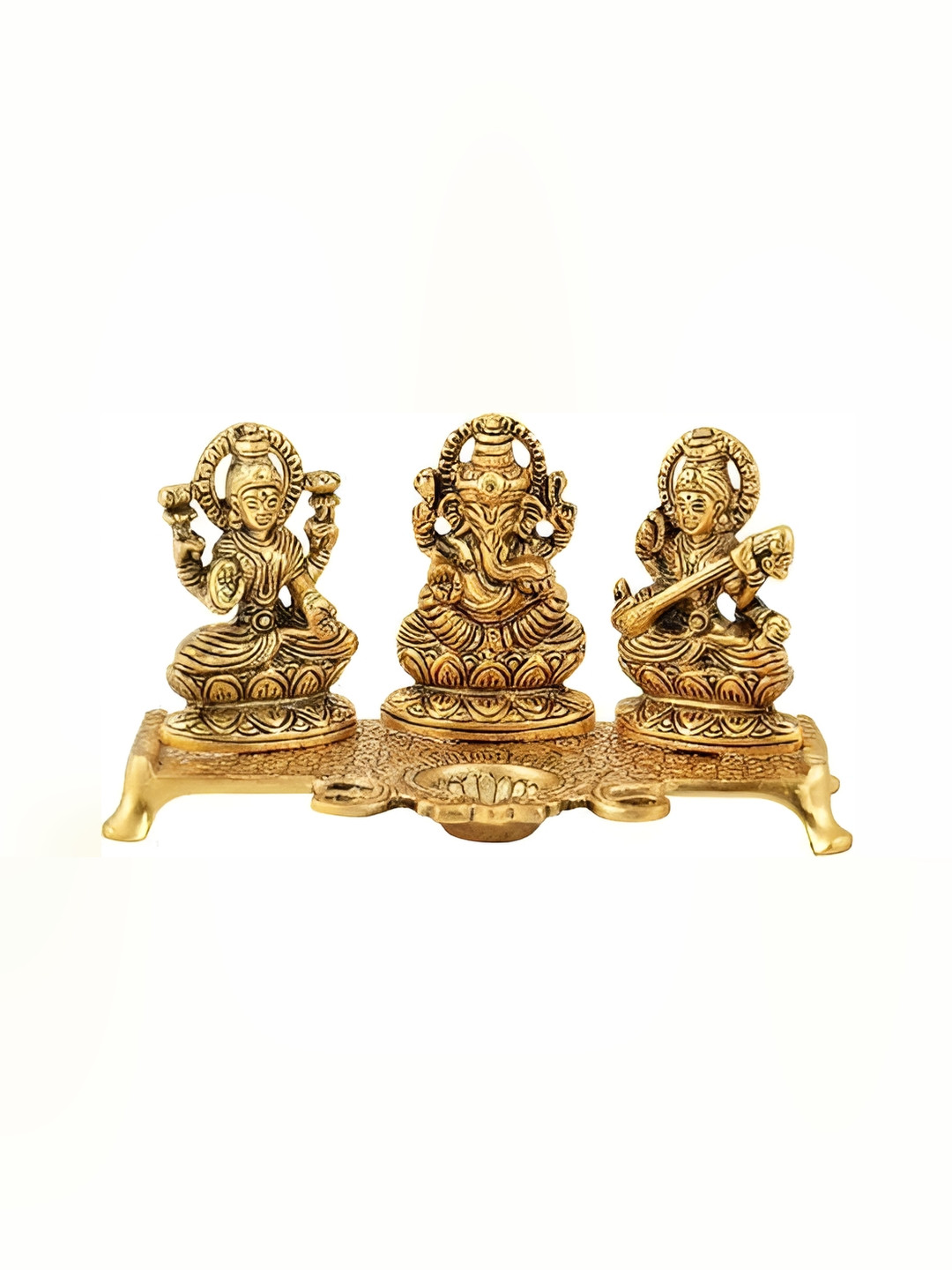 Navyaksh Lakshmi Ganesh and Saraswathi with Diya Gold Metal Metallic Prayer Room Small Showpiece - 3.5 Inches