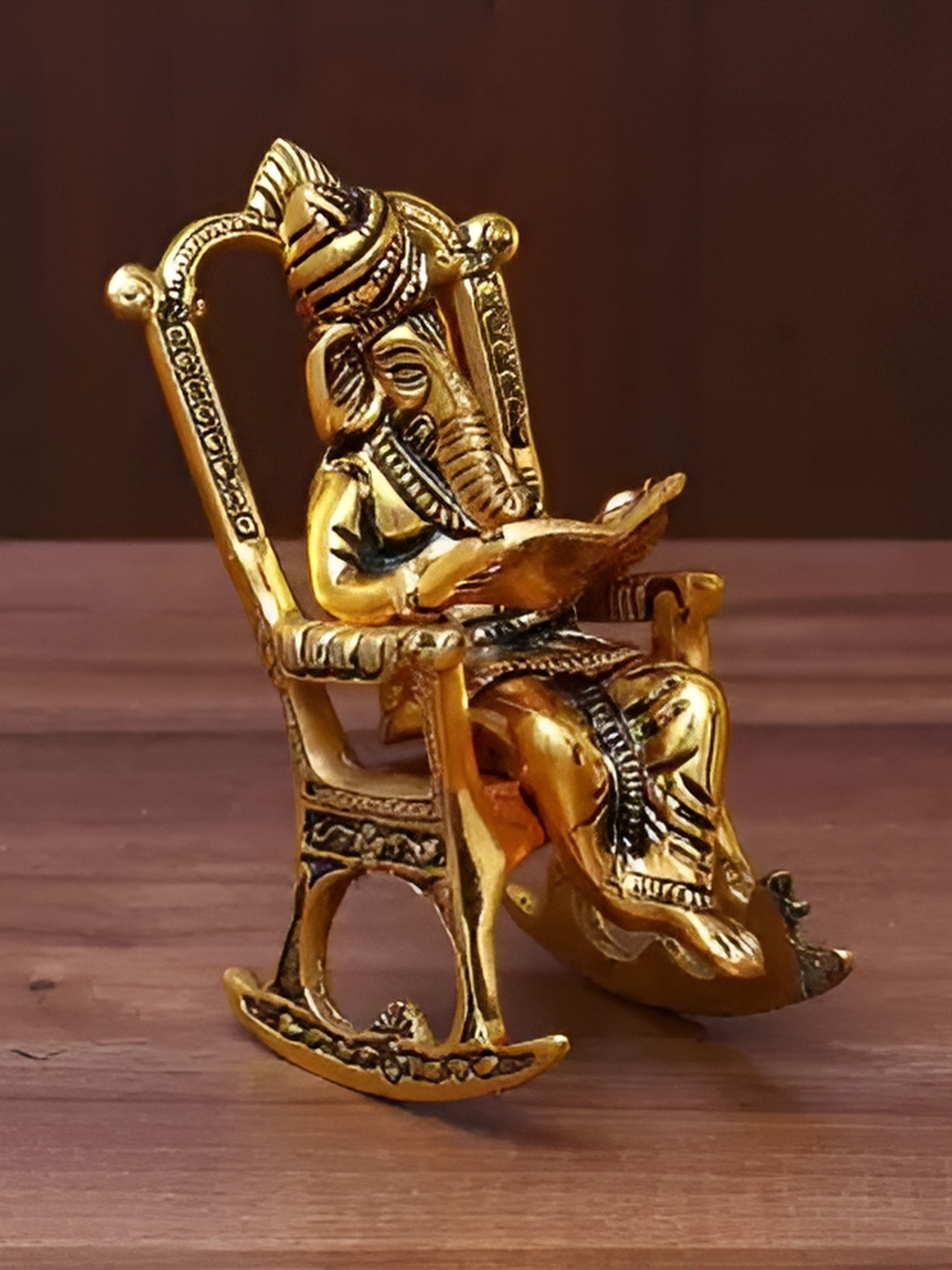 Navyaksh Ganesh Ji Sitting on Chair Gold Metal Metallic Prayer Room Small Showpiece - 1.6 Inches