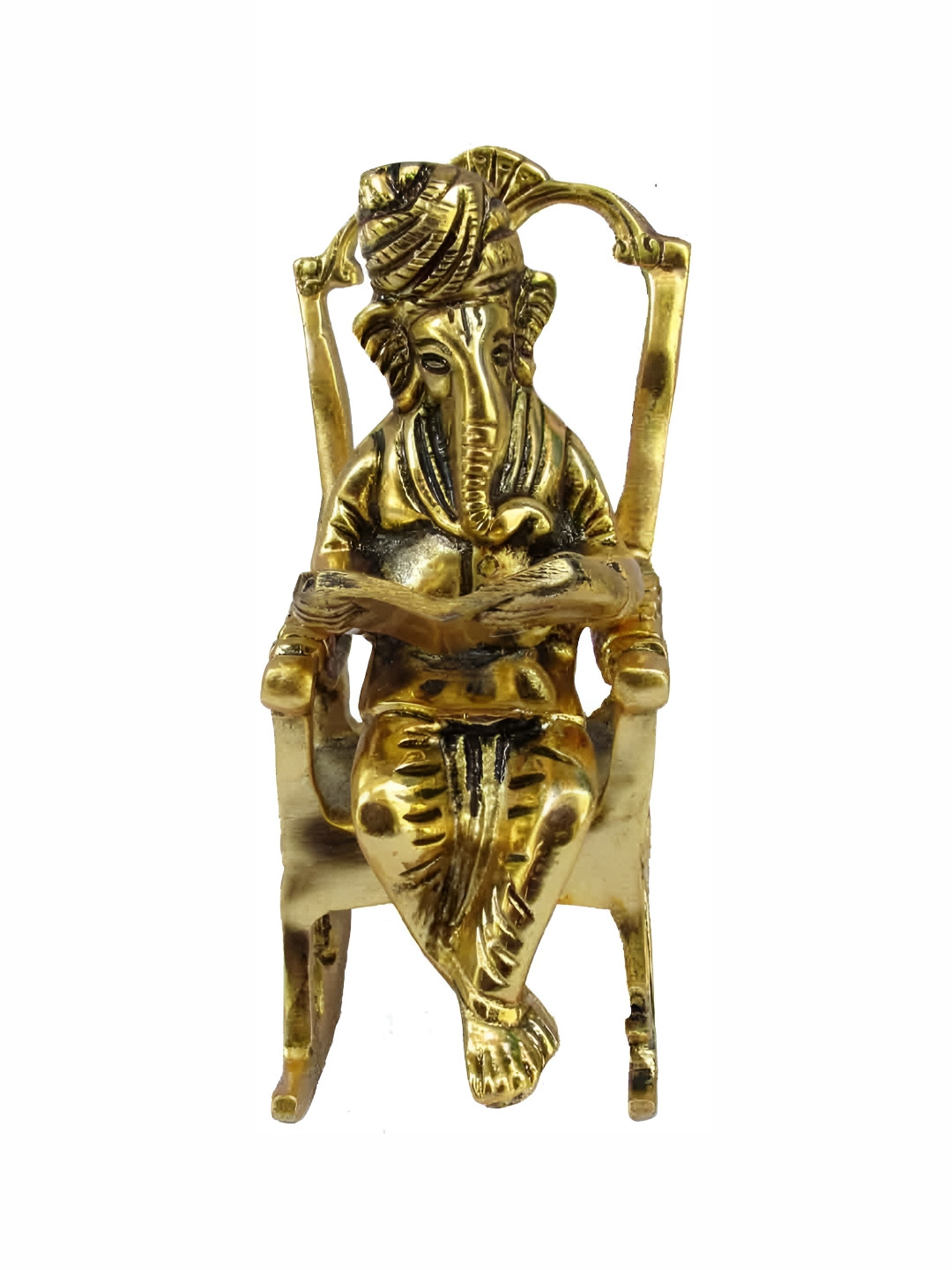 Navyaksh Ganesh Ji Sitting on Chair Gold Brass Metallic Prayer Room Small Showpiece - 3.9 Inches
