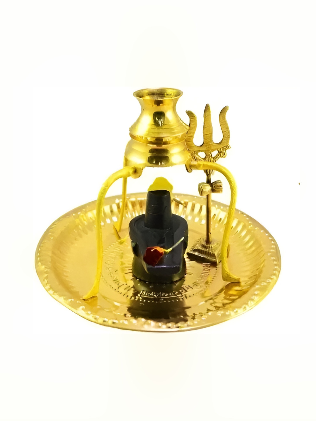 Navyaksh Plate Tipahee Shivling Trishul Gold Brass Metallic Prayer Room Set of 5 Small Showpieces - 4.7 Inches