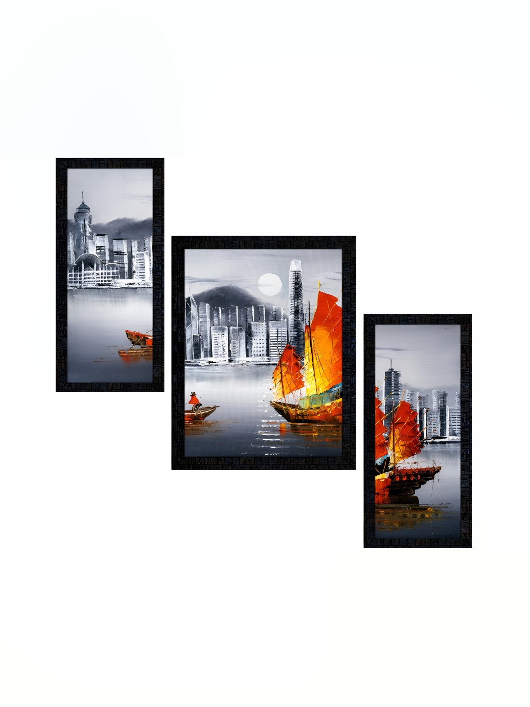 PnF Charcoal & Red 3 Pieces Wood Floral and Botanical Painting Wall Art