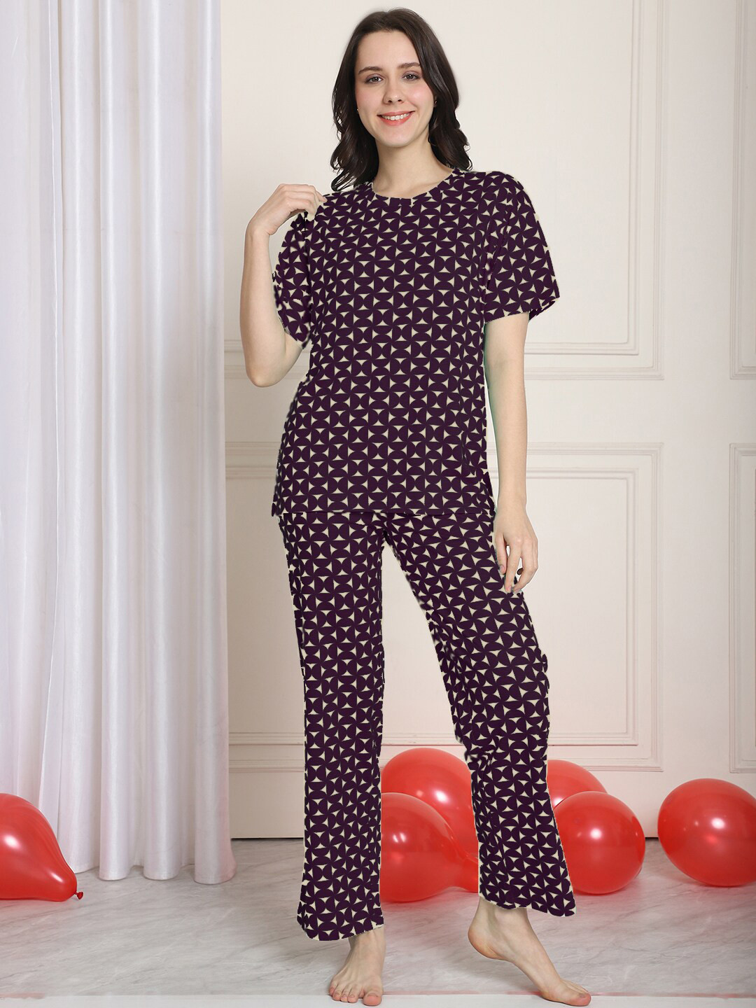 Kanvin Purple Geometric Printed Modal Cotton Night Suit