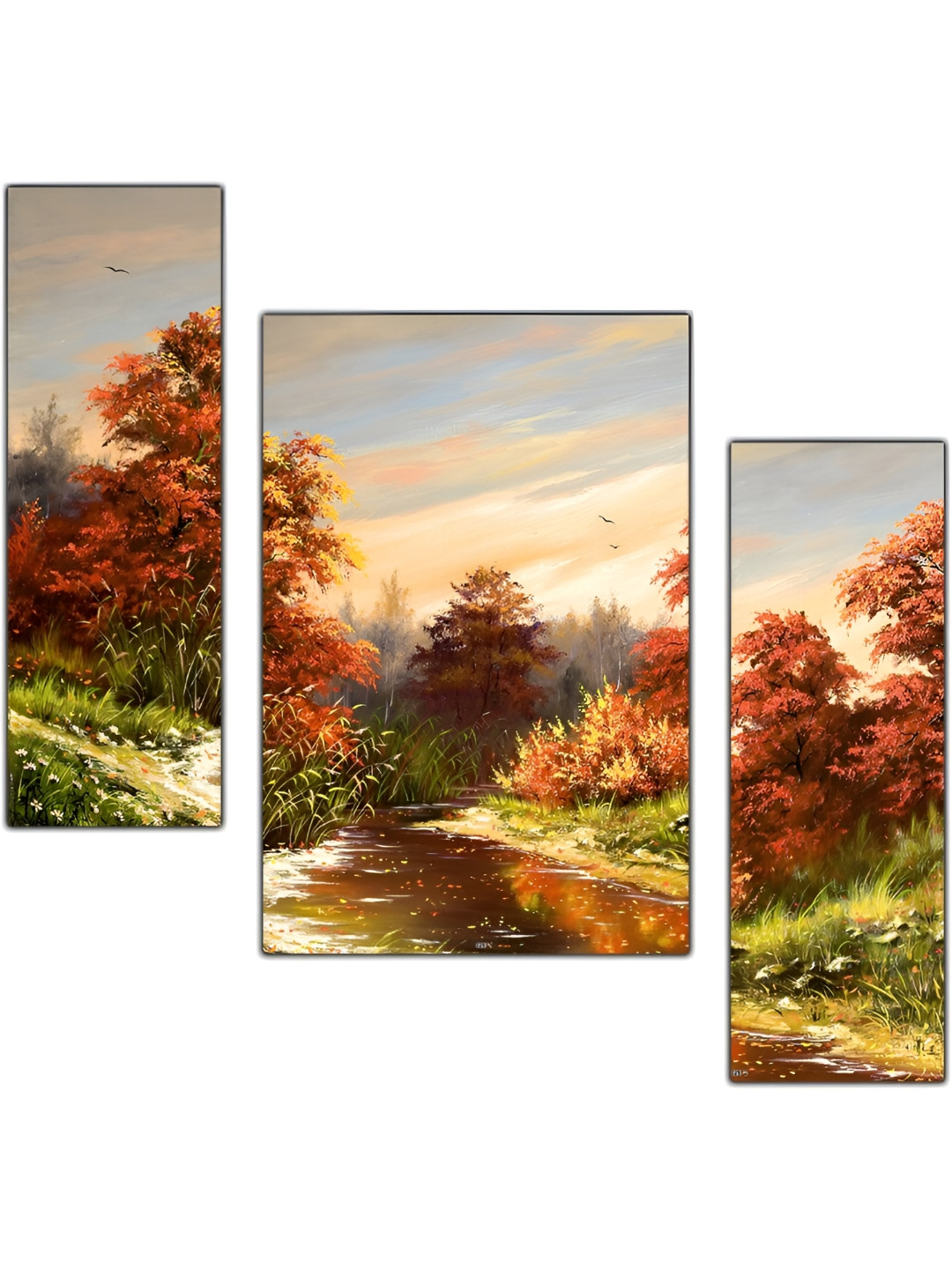 PnF Rust & Green 3 Pieces Floral Wooden Painting Wall Arts