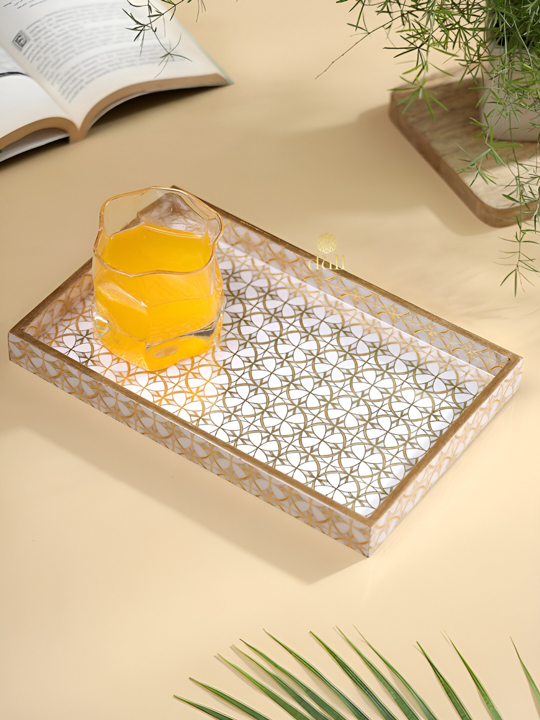 DULI White & Beige Printed Rectangle Wooden Serving Tray