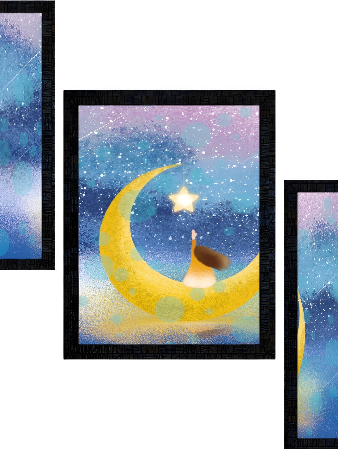PnF Blue Paper 3 Pcs Wall Living Room Rectangle Paintings Wall Art -13.58 x 10.24In