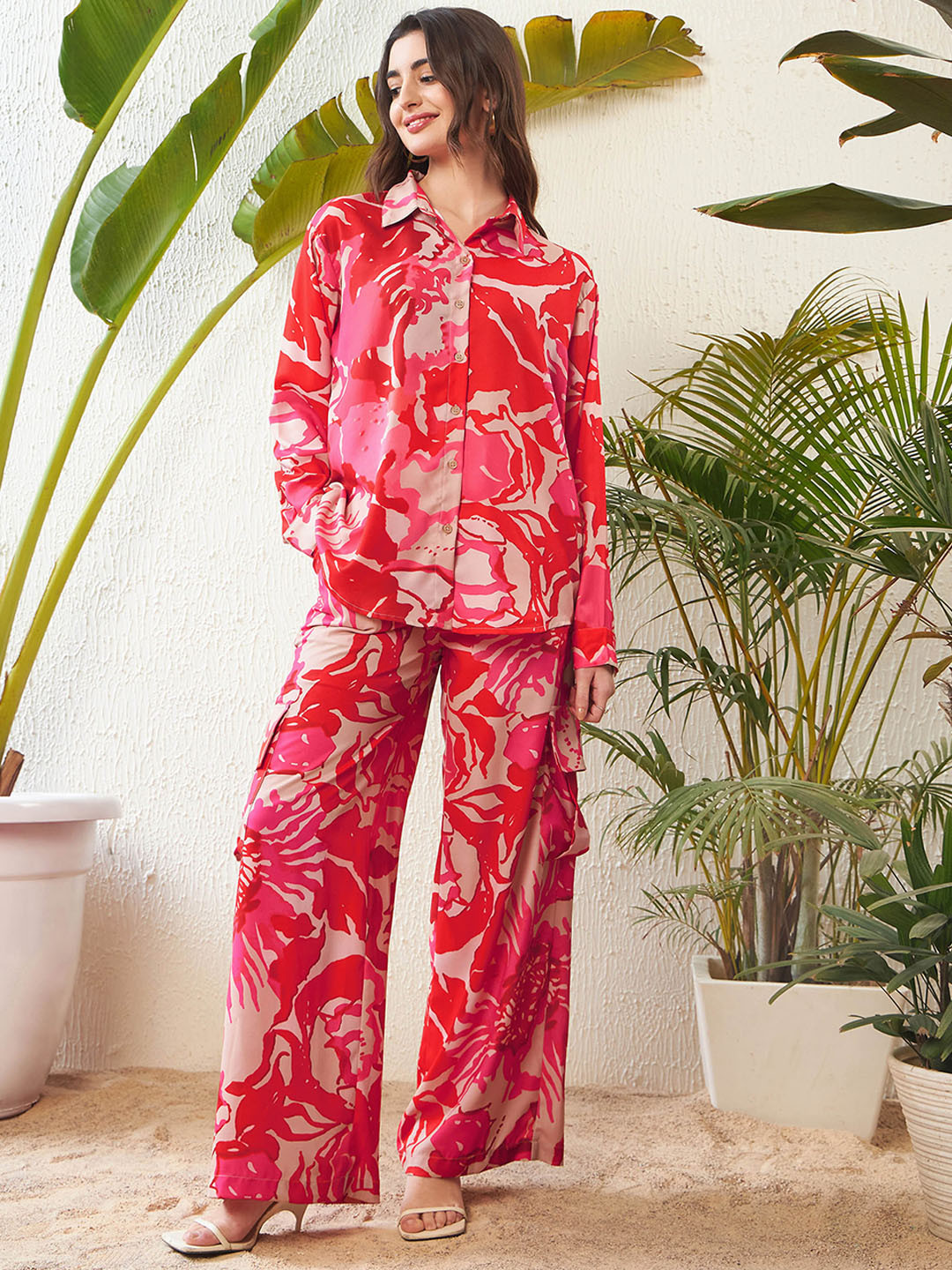 SASSAFRAS Red Floral Printed Oversize Shirt with Cargos