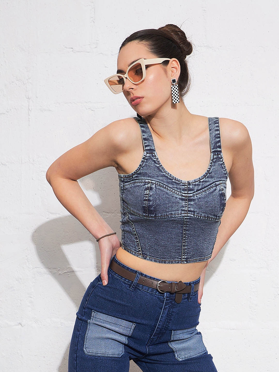 SASSAFRAS Shoulder Straps Denim Crop Top - Tops for Women 27558958 | Myntra
