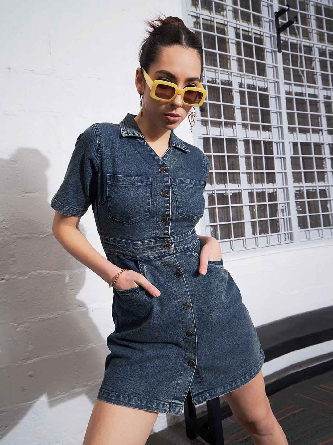 SHIRRING COLLAR DENIM DRESS