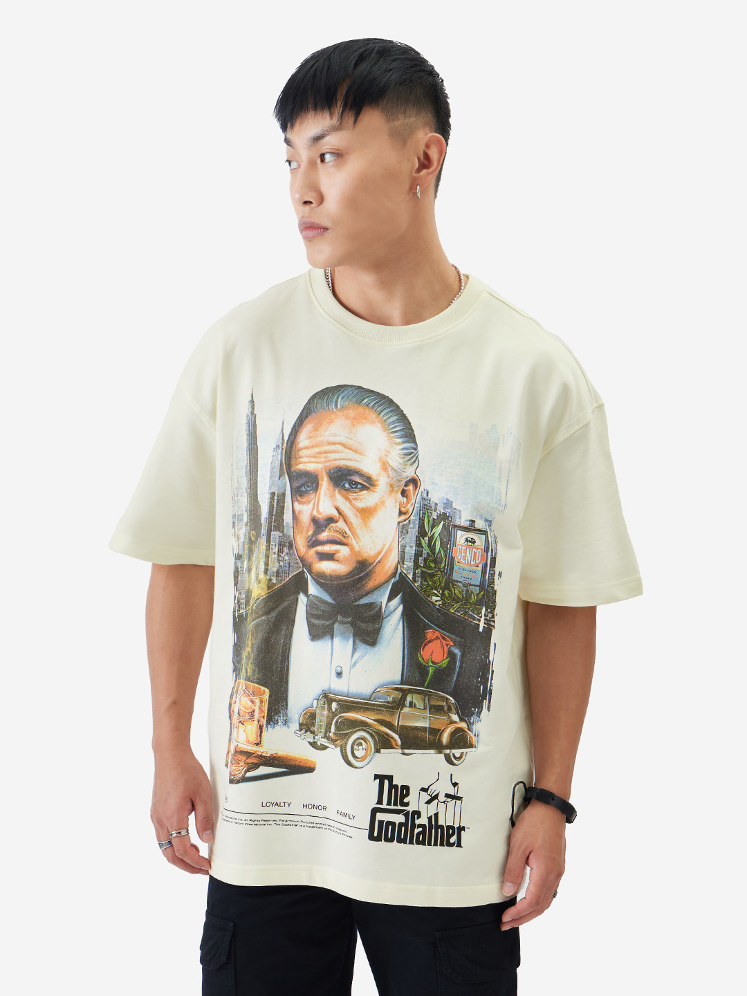 The Souled Store White The Godfather: The Don Printed Oversized Pure Cotton T-shirt