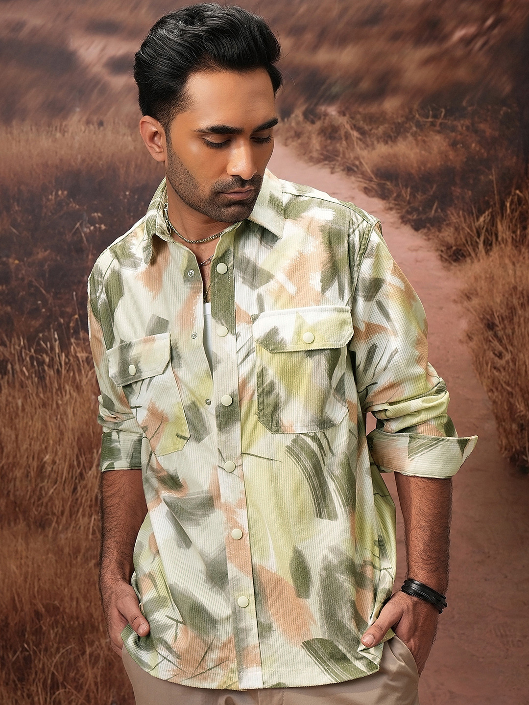 LOCOMOTIVE Men Premium Cord Printed Utility Pocket Oversized Overshirt