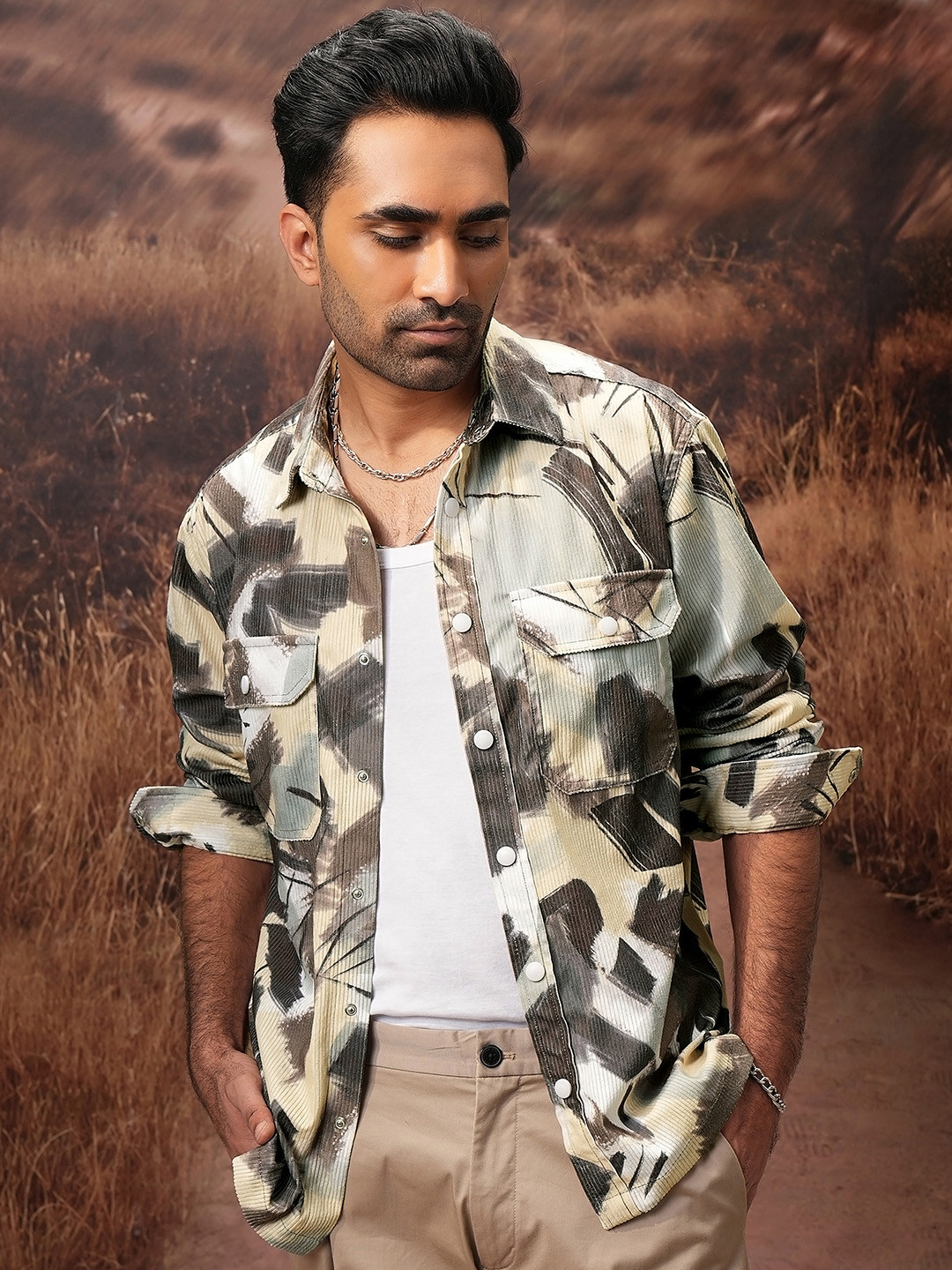 LOCOMOTIVE Premium Yellow Cord Printed Utility Pocket Oversized Overshirt