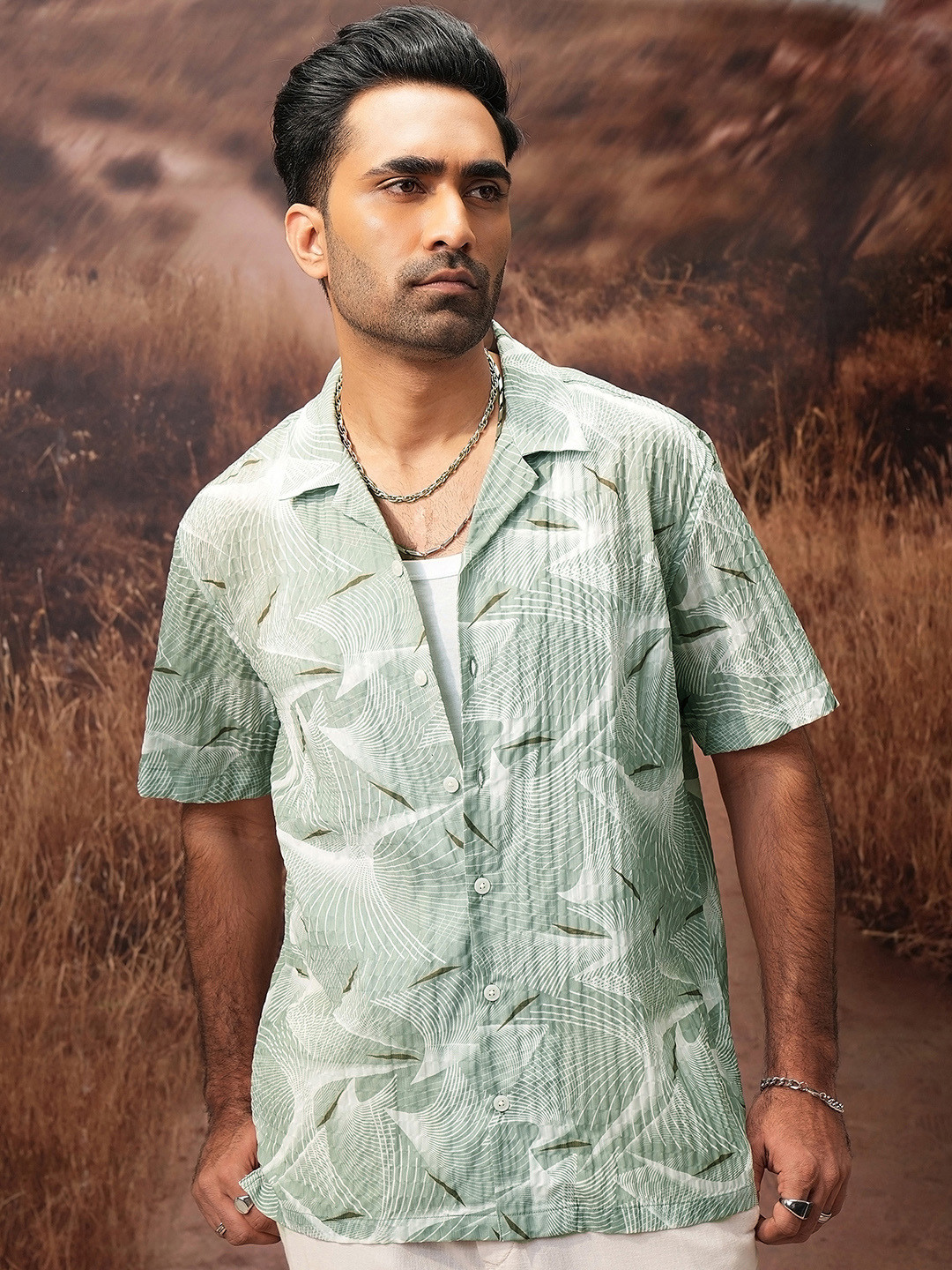 LOCOMOTIVE Men Premium Popcorn Cuban Collar Relaxed Shirt