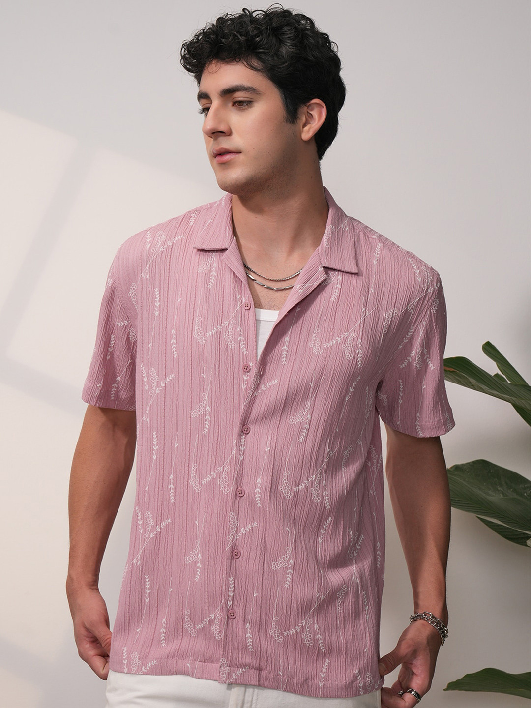 LOCOMOTIVE Men Premium Crushed Textured Printed Cuban Collar Relaxed Shirt