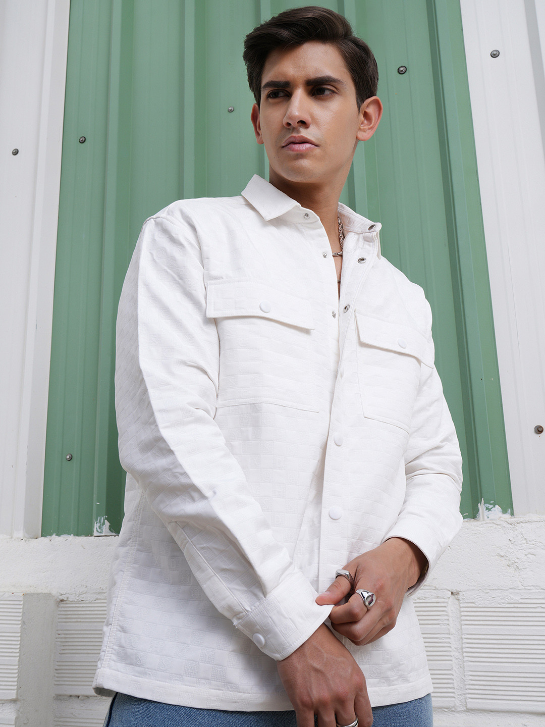 LOCOMOTIVE Men Premium Dobby Textured Solid Utility Pocket Regular Shirt