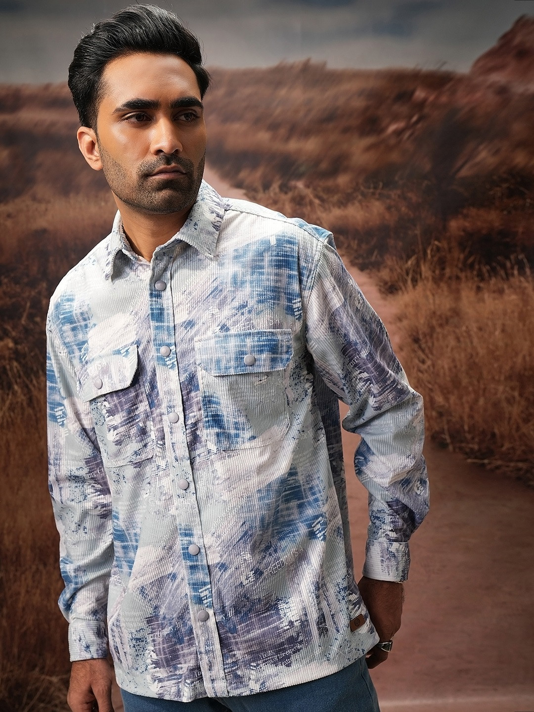 LOCOMOTIVE Men Premium Cord Printed Utility Pocket Oversized Overshirt