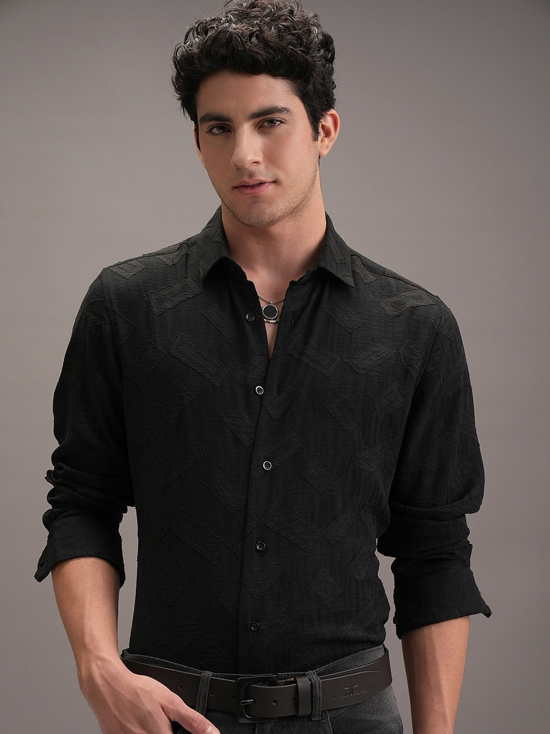 LOCOMOTIVE Luxe Black Jacquard Textured Party Shirt