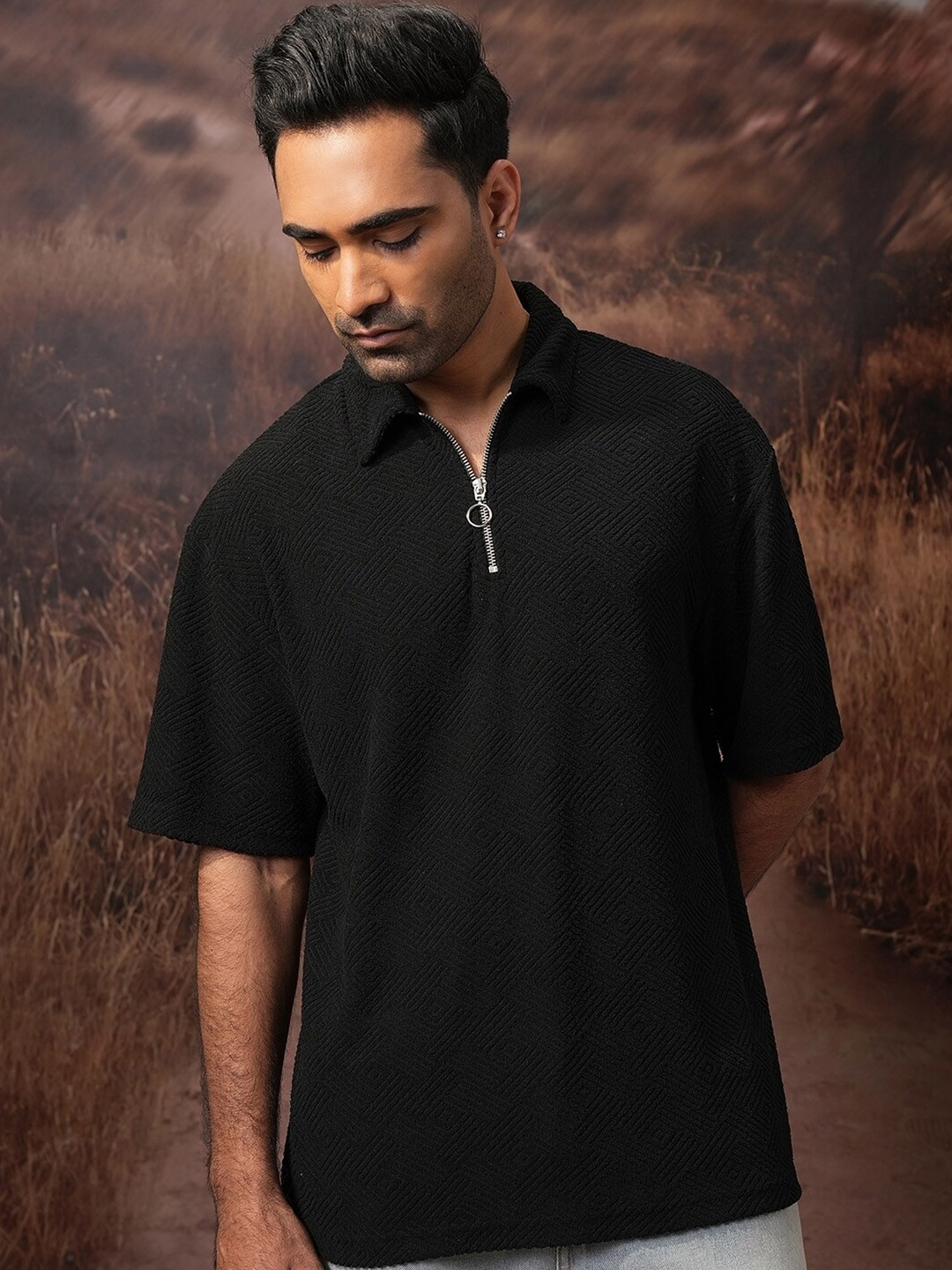 LOCOMOTIVE Men Premium Terry Towel Oversized Dropshoulder Half Zip Polo T-Shirt
