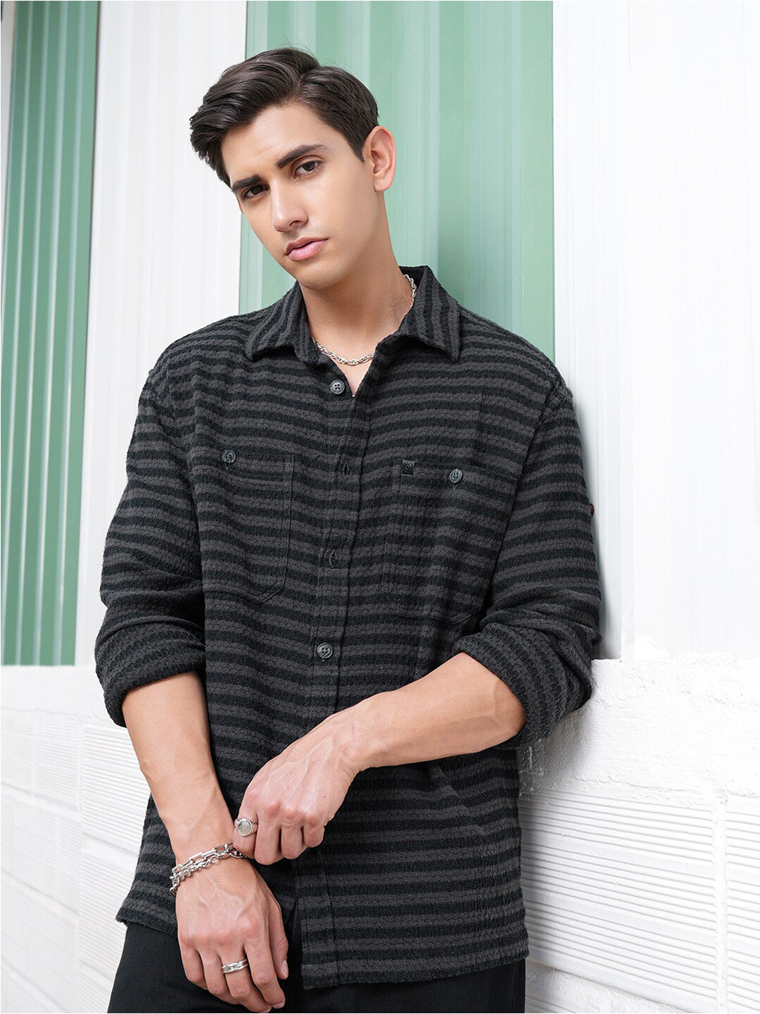 LOCOMOTIVE Men Premium Dobby Textured Striped Utility Pocket Overshirt