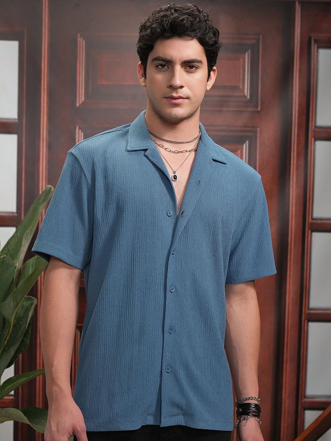 LOCOMOTIVE Premium Blue Knitted Textured Cuban Collar Relaxed Shirt
