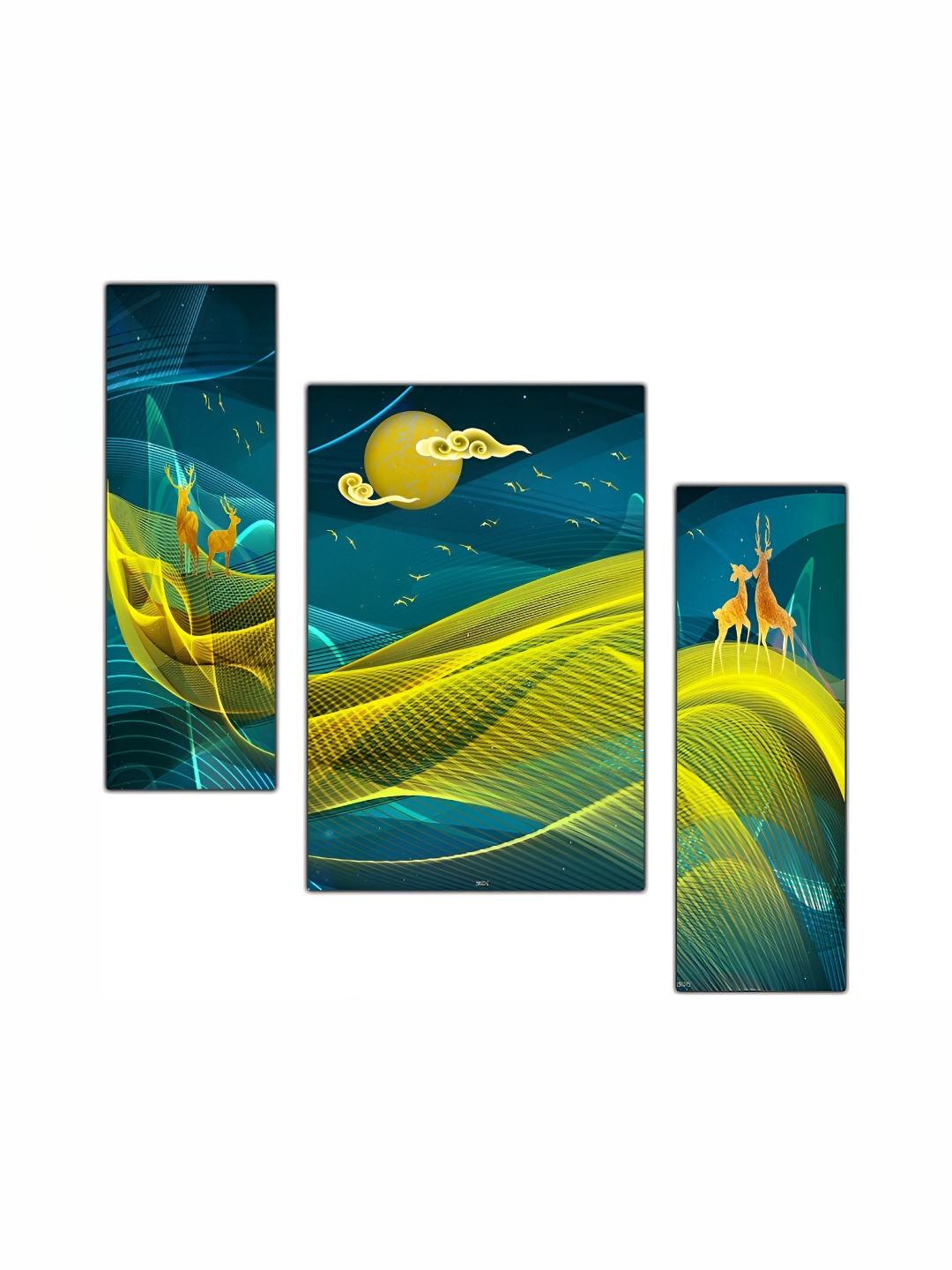 PnF Yellow & Blue 3 Pieces Abstract Wooden Painting Wall Art