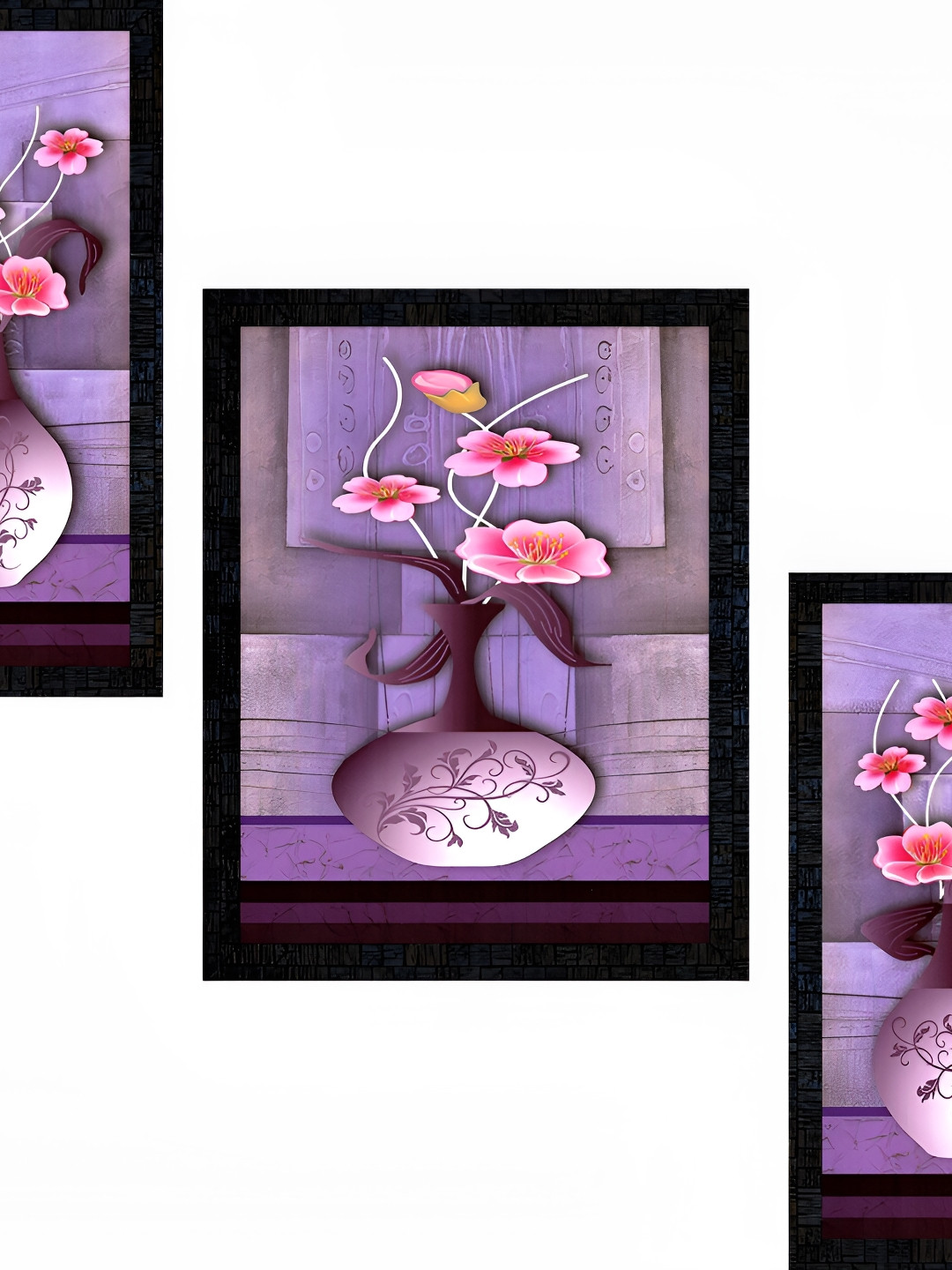 PnF Charcoal & Purple 3 Pieces Paper Floral and Botanical Wall Painting